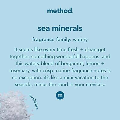 method.  
sea minerals  
fragrance family: watery  

it seems like every time fresh + clean get together, something wonderful happens. and this watery blend of bergamot, lemon + rosemary, with crisp marine fragrance notes is no exception. it's like a mini-vacation to the seaside, minus the sand in your crevices.  

smells like