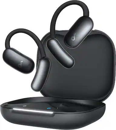 Front. Soundcore - by Anker AeroFit 2 A.I. Assistant Open-Ear Headphones with Real-Time Language Translation and Adjustable Ear Hooks - Obsidian Black.