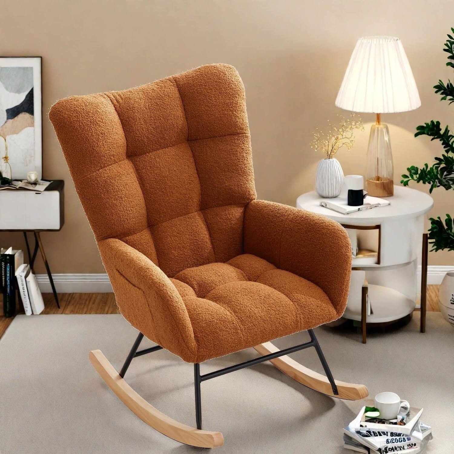 Front. Jojoka - Rocking Nursery Chair, Teddy Upholstered Glider with High Backrest, Armrests, Side Pockets Living Room or Nursery - Brown.