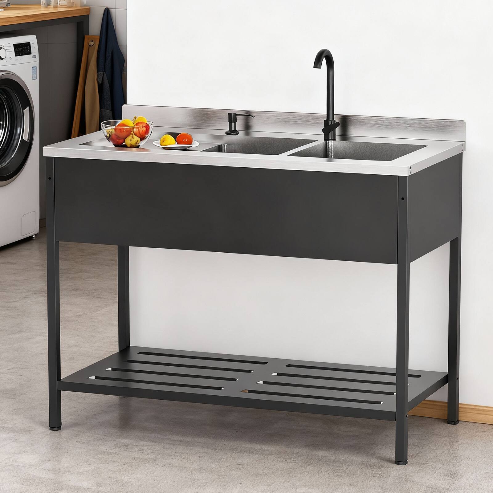 Alt View 4. Winado - Freestanding Stainless Steel Sink Commercial Utility Sink with Dual Basins for In/Outdoor Food Prep & Dishwashing Areas - Black & Silver.
