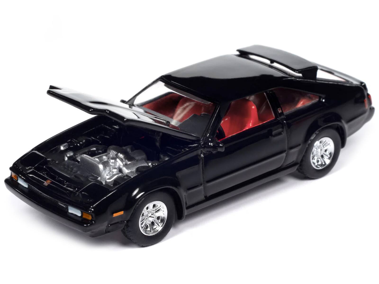 Angle. Autoworld - 1983 Toyota Celica Supra Black with Red Interior "Import Legends" Series 1/64 Diecast Model Car by Auto World - Black And Red.