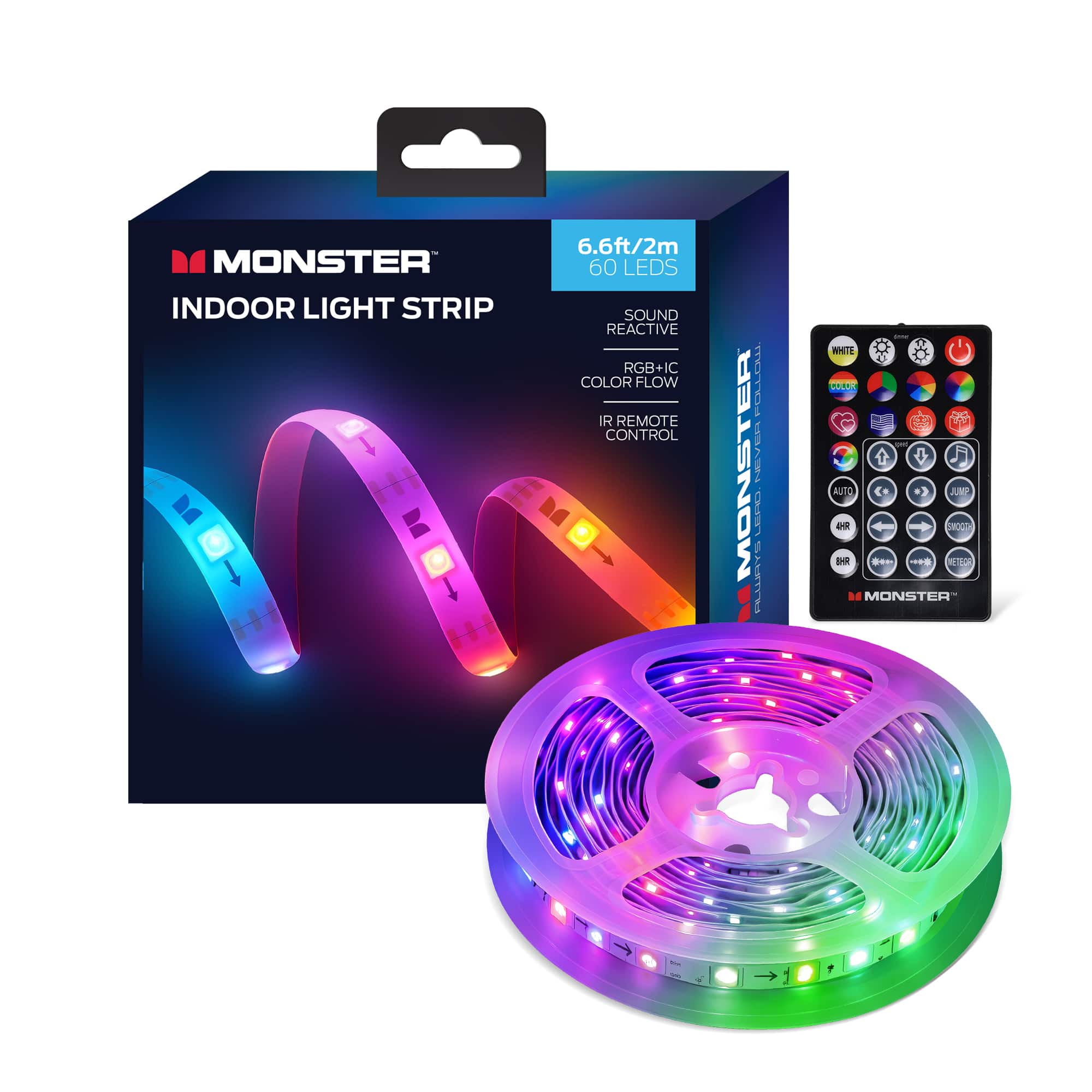 Monster - Indoor 6.6ft Sound Reactive Color Flow LED Strip Lights, LED Lights for Bedroom & TV, USB Powered with Remote - Multicolor