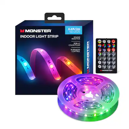 MONSTER INDOOR LIGHT STRIP
6.6ft/2m
60 LEDs
SOUND REACTIVE
RGB+IC COLOR FLOW
IR REMOTE CONTROL
MONSTER