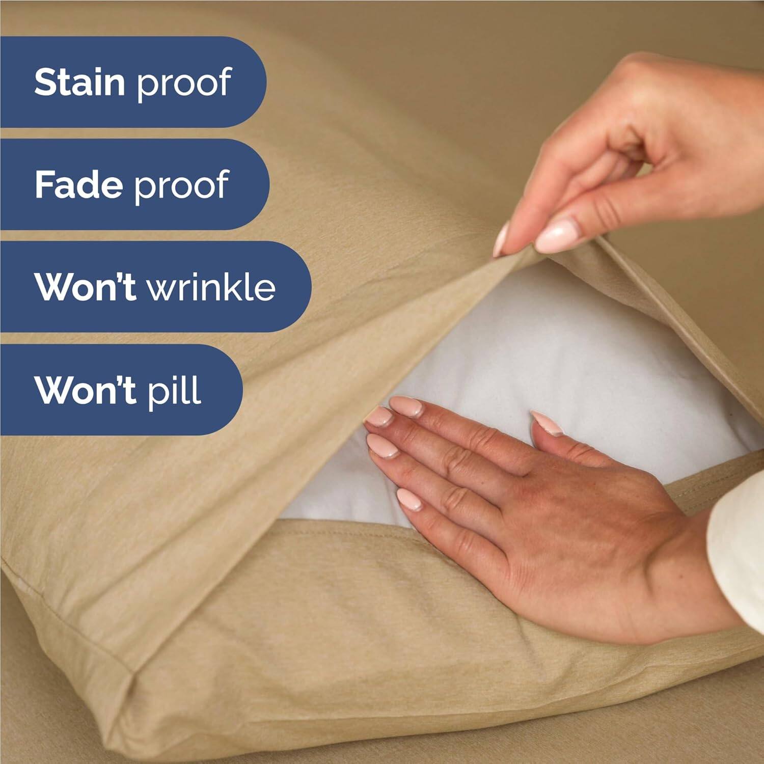 Stain proof  
Fade proof  
Won't wrinkle  
Won't pill