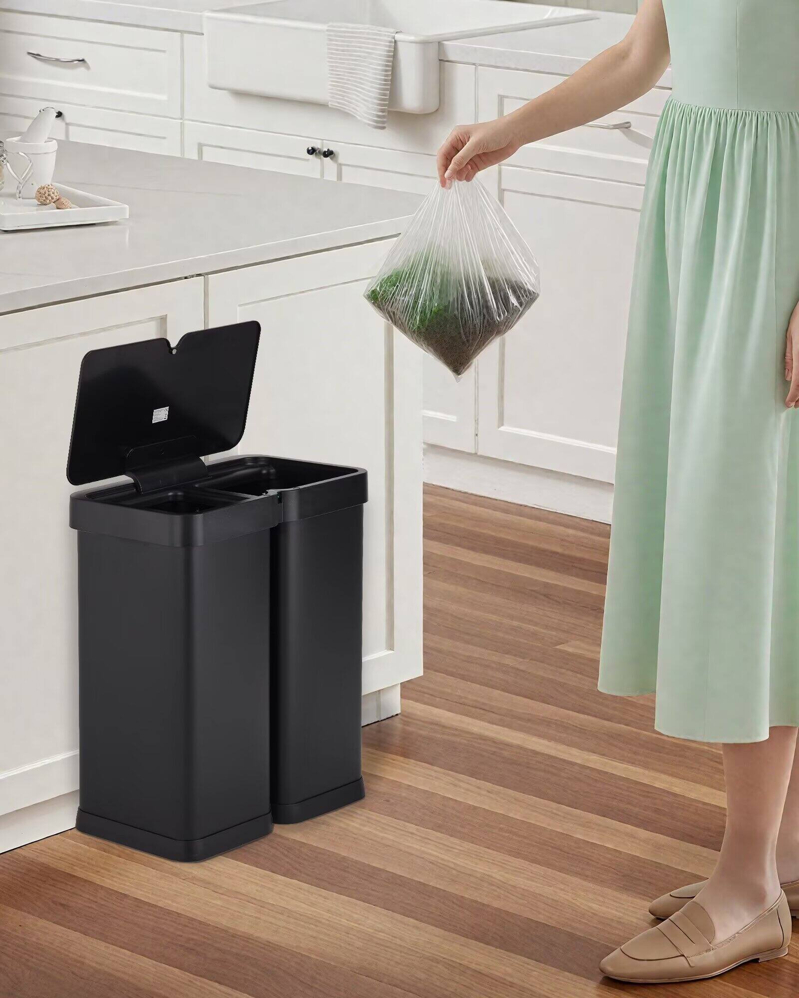 Alt View 2. Jojoka - 16 Gallon Dual-Compartment Motion Sensor Trash Can with Automatic Hands-Free Lid, Stainless Steel, Black - Black.