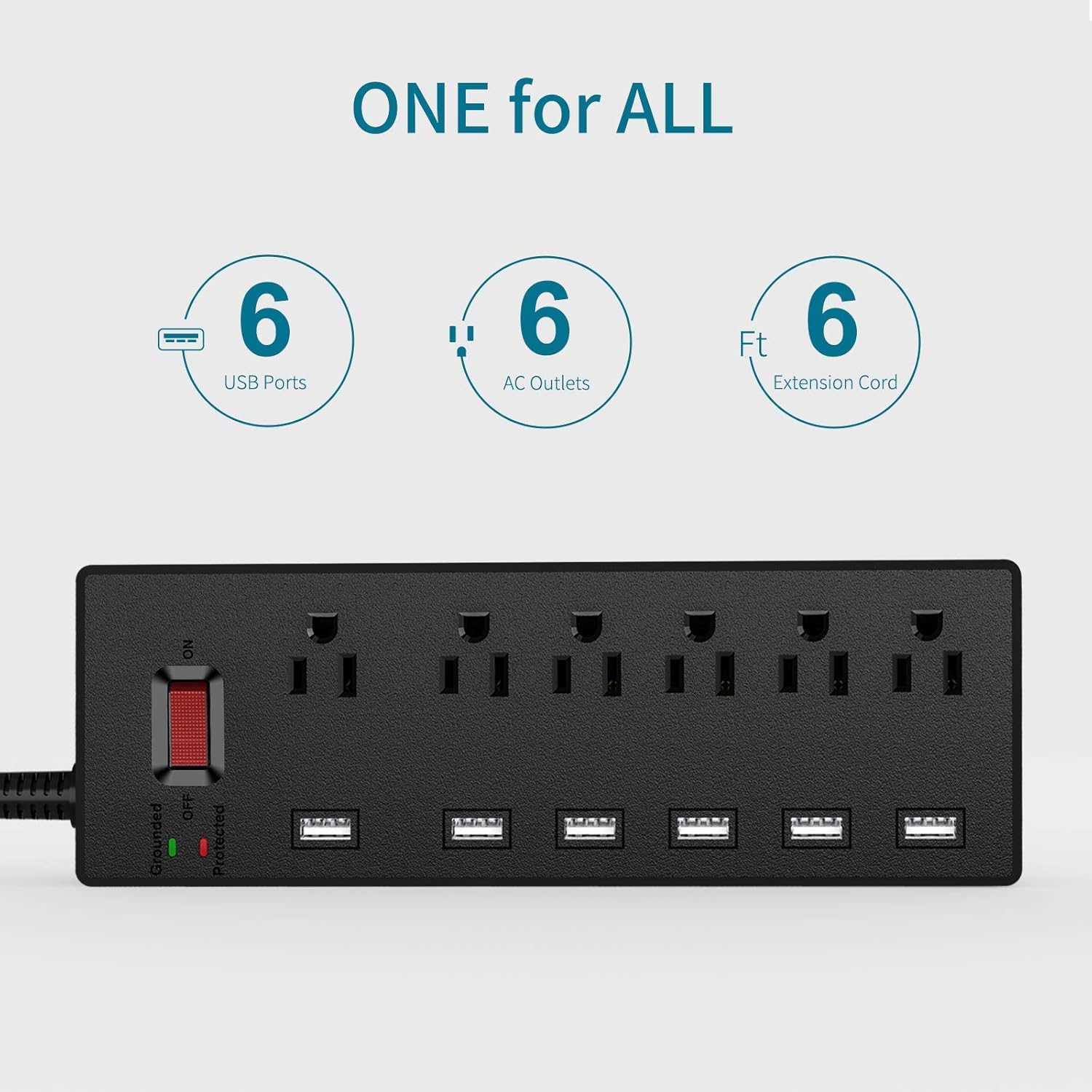 ONE for ALL  
6 USB Ports  
6 AC Outlets  
6 Ft Extension Cord  
ON Grounded OFF Protected