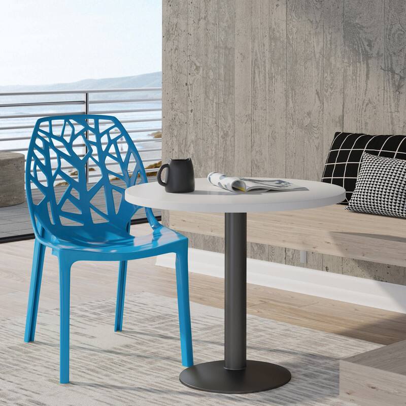 Angle. LeisureMod - Cornelia Modern Stackable Accent Dining Chair with Cut Out Backrest Design for Dining Rooms or Patios - Solid Blue.