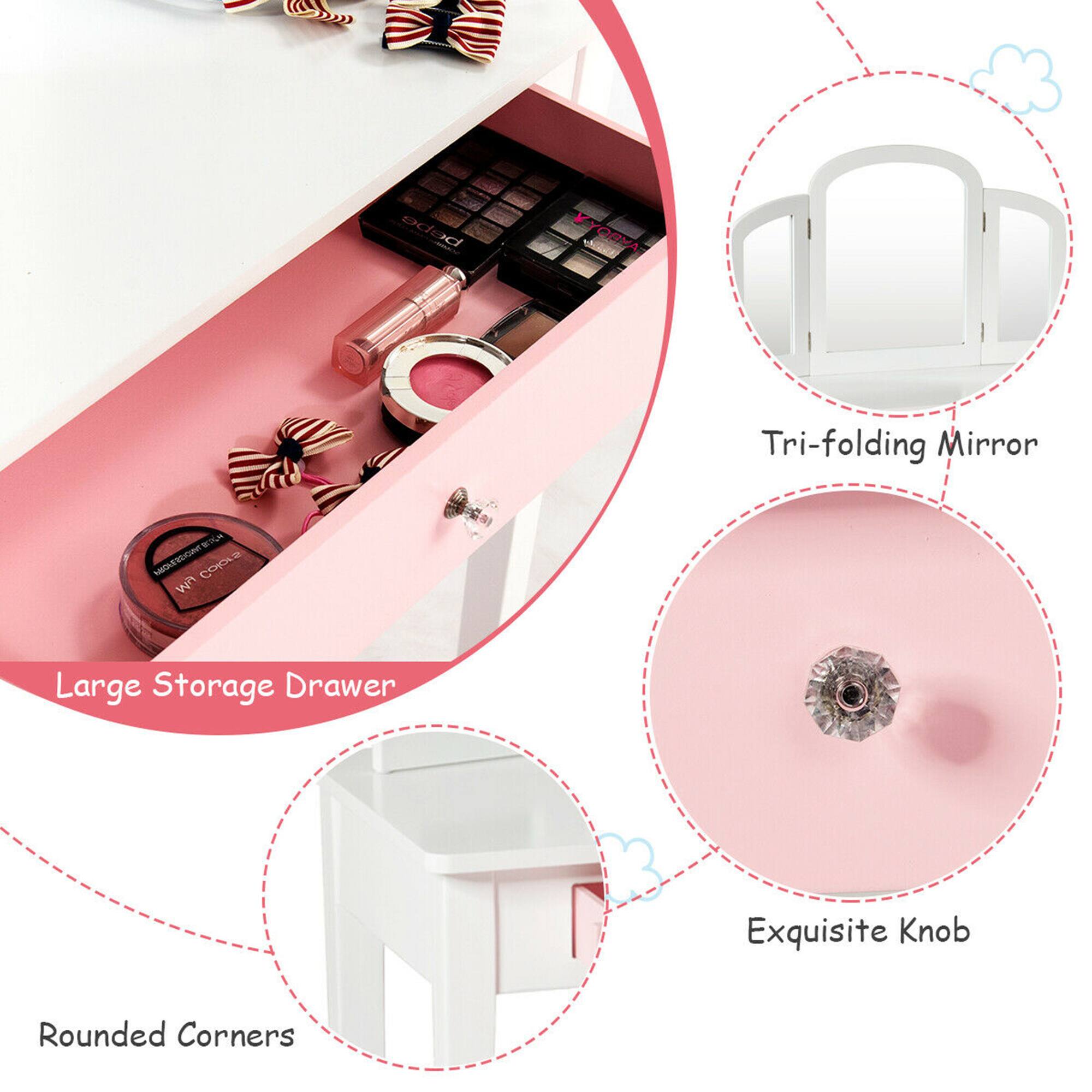 - Tri-folding Mirror
- Large Storage Drawer
- Exquisite Knob
- Rounded Corners