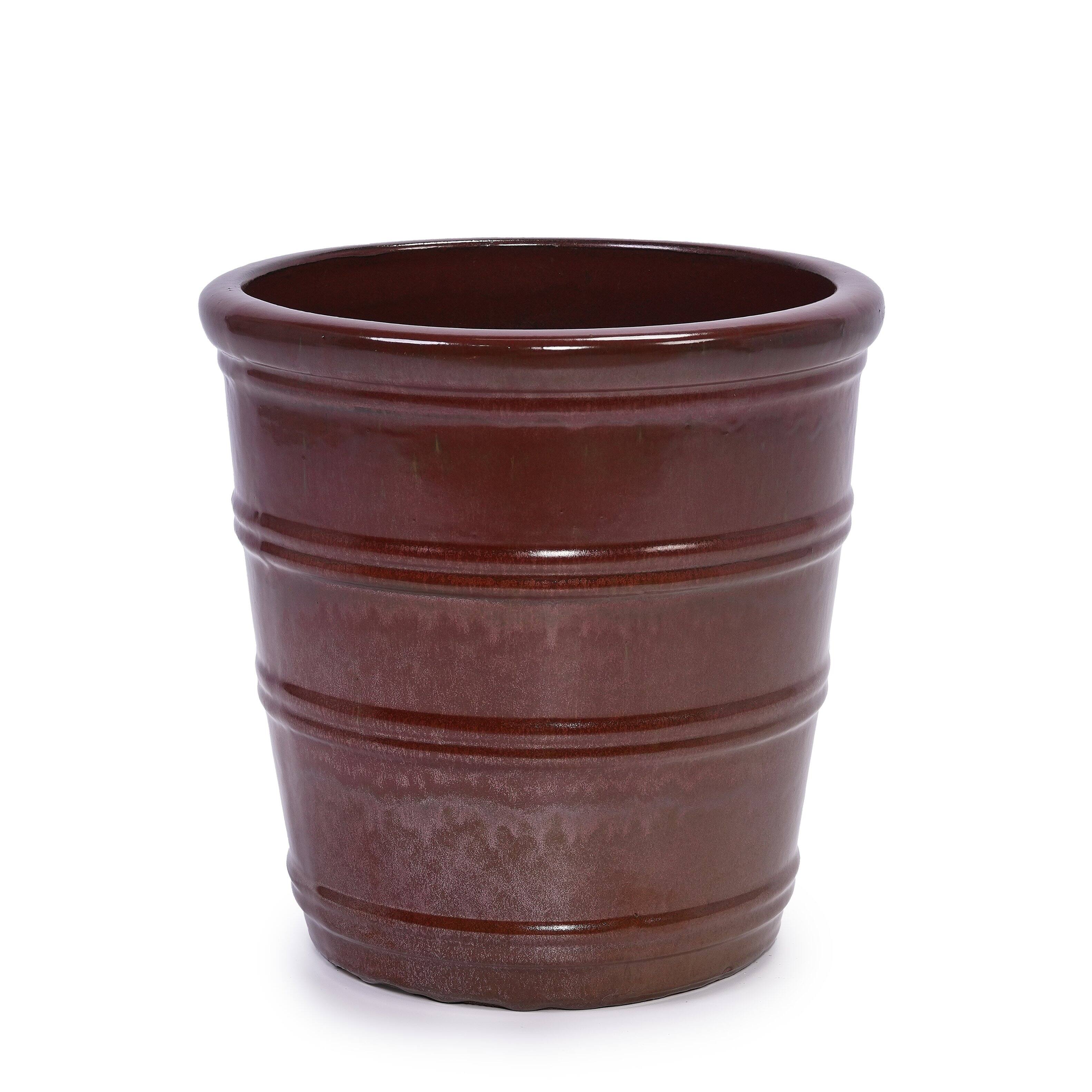 Alt View 5. Loheer - Ceramic Planter Set of 3 Loheer Handmade Glazed Clay Pots Ribbed Deep Reddish Brown for Indoor Outdoor Plants.