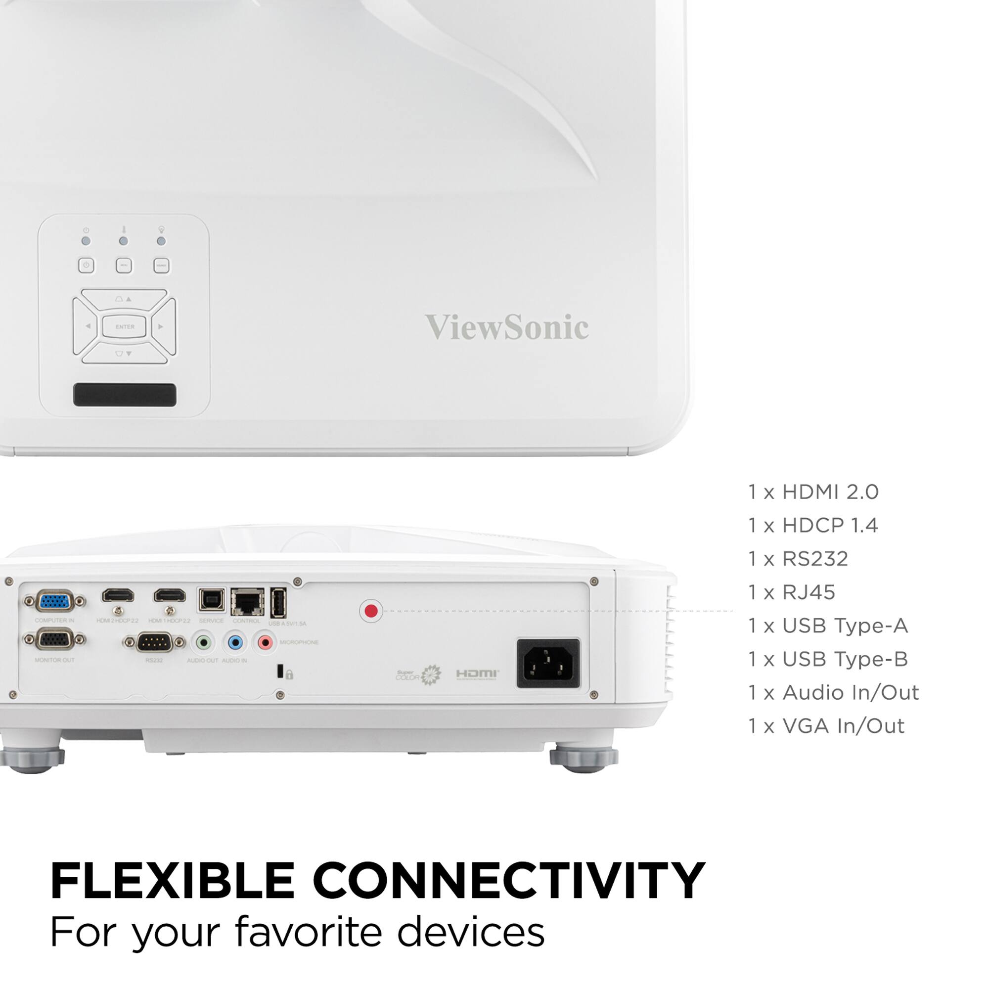 ViewSonic 1 x HDMI 2.0 1 x HDCP 1.4 1 x RS232 1 x RJ45 1 x USB Type-A 1 x USB Type-B 1 x Audio In/Out 1 x VGA In/Out FLEXIBLE CONNECTIVITY For your favorite devices