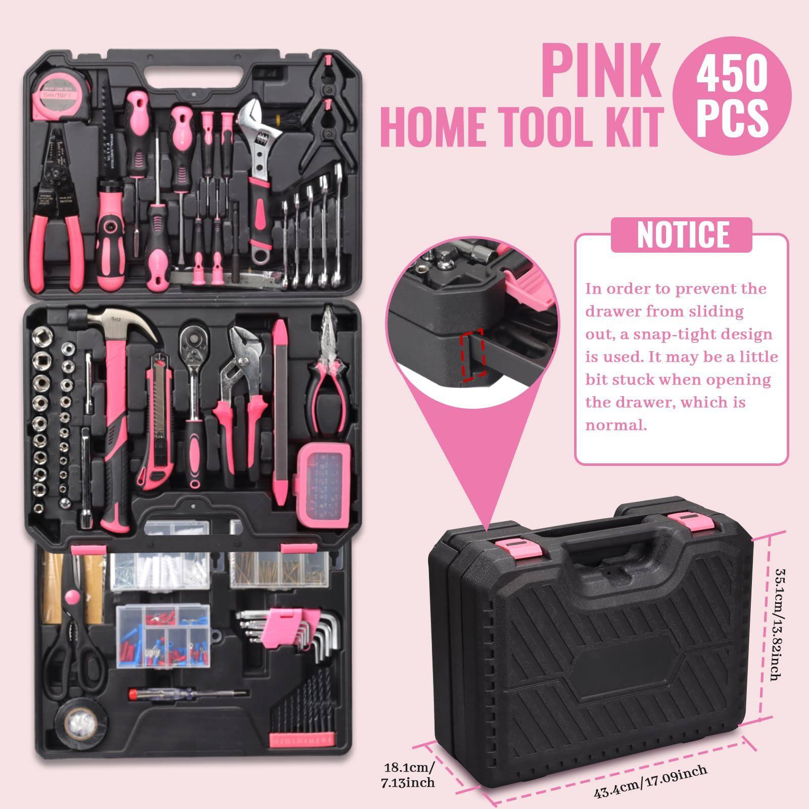 **PINK HOME TOOL KIT 450 PCS**

**NOTICE**

In order to prevent the drawer from sliding out, a snap-tight design is used. It may be a little bit stuck when opening the drawer, which is normal.

- 35.1cm/13.82inch
- 18.1cm/7.13inch
- 43.4cm/17.09inch