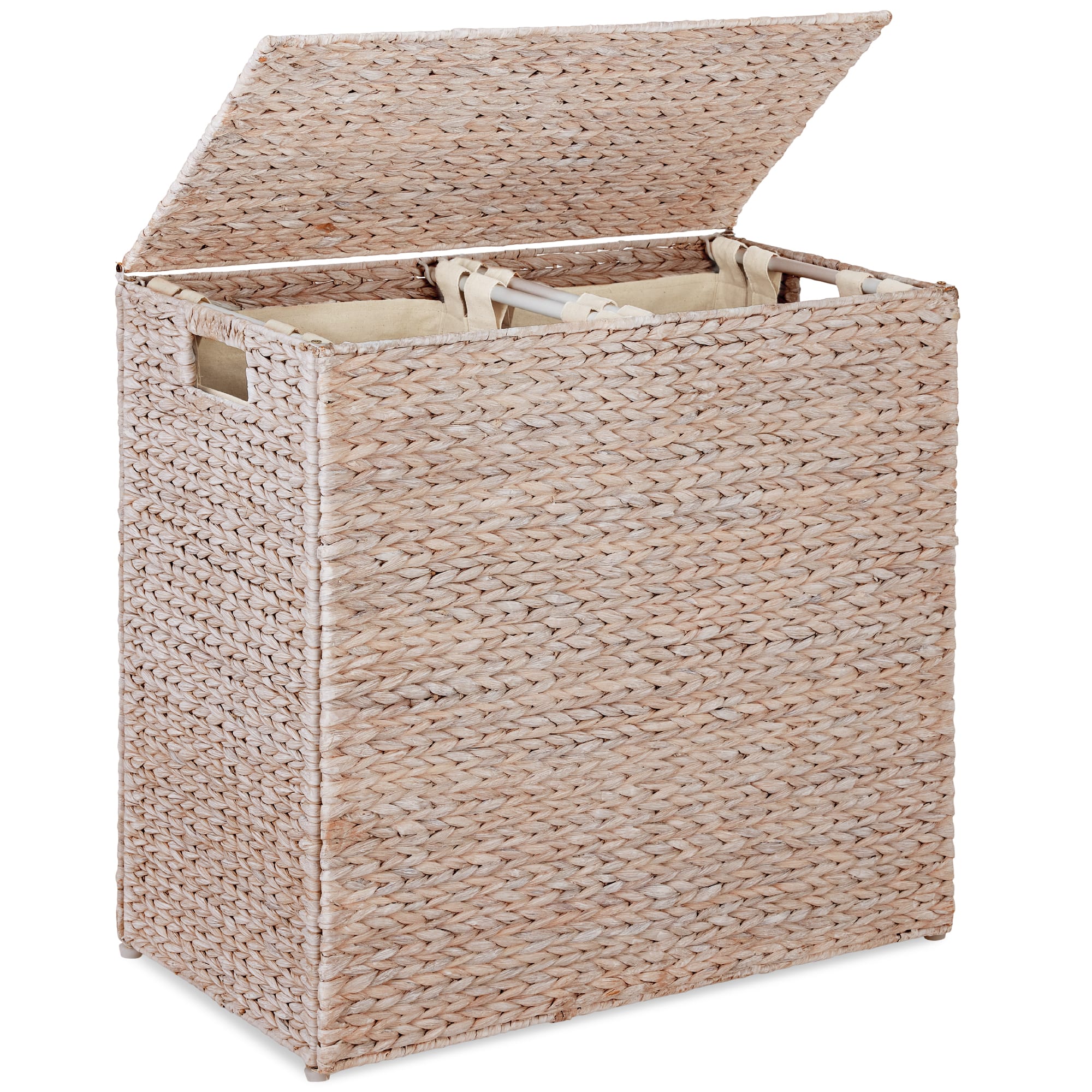 Best Choice Products - Large Natural Water Hyacinth Double Laundry Hamper Basket w/ 2 Liner Bags, Handles - Whitewash