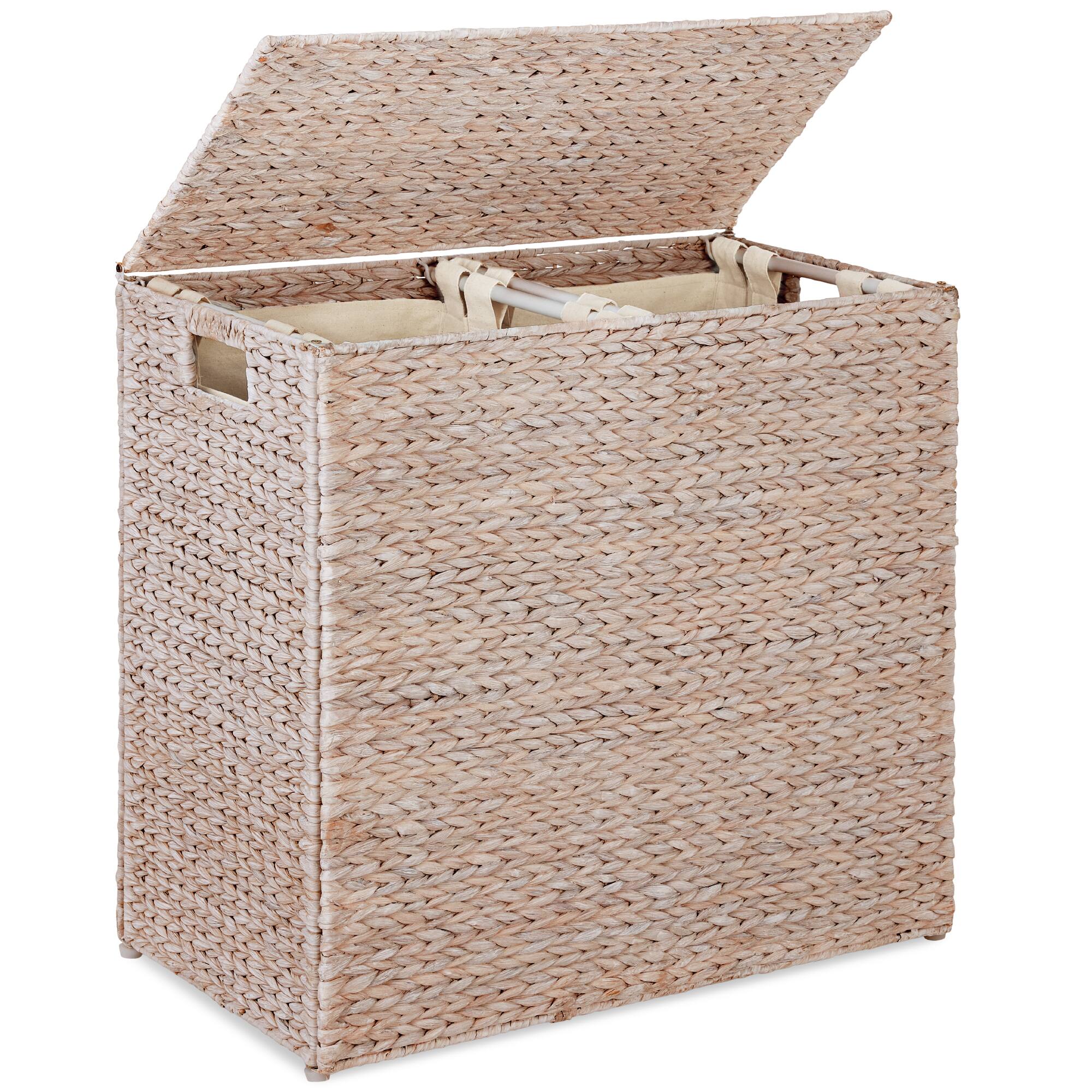 Front. Best Choice Products - Best Choice Products Large Natural Water Hyacinth Double Laundry Hamper Basket w/ 2 Liner Bags, Handles - Whitewash - Whitewash.
