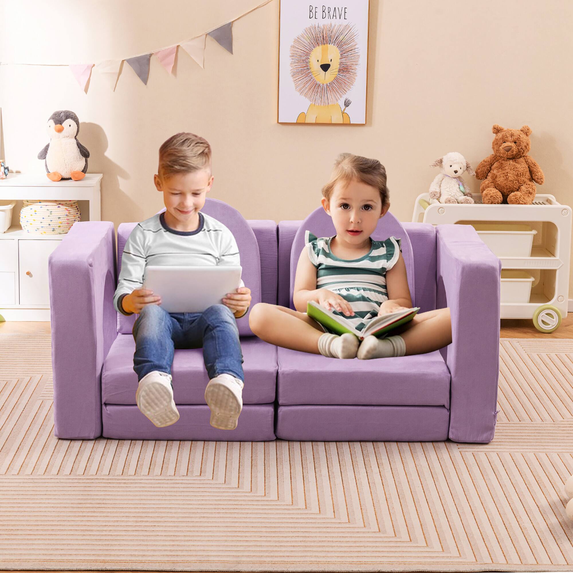 Alt View 1. Gymax - Gymax 8 PCS Modular Kids Play Couch Sofa w/ Suede Fabric Cover High-Density Foam Purple - Purple.
