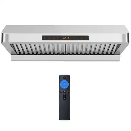 Front. LUCKY ONE - 30 Inch Under Cabinet Range Hood 900 CFM with 4 Speeds & Gesture Control - Kitchen Vent - Silver.