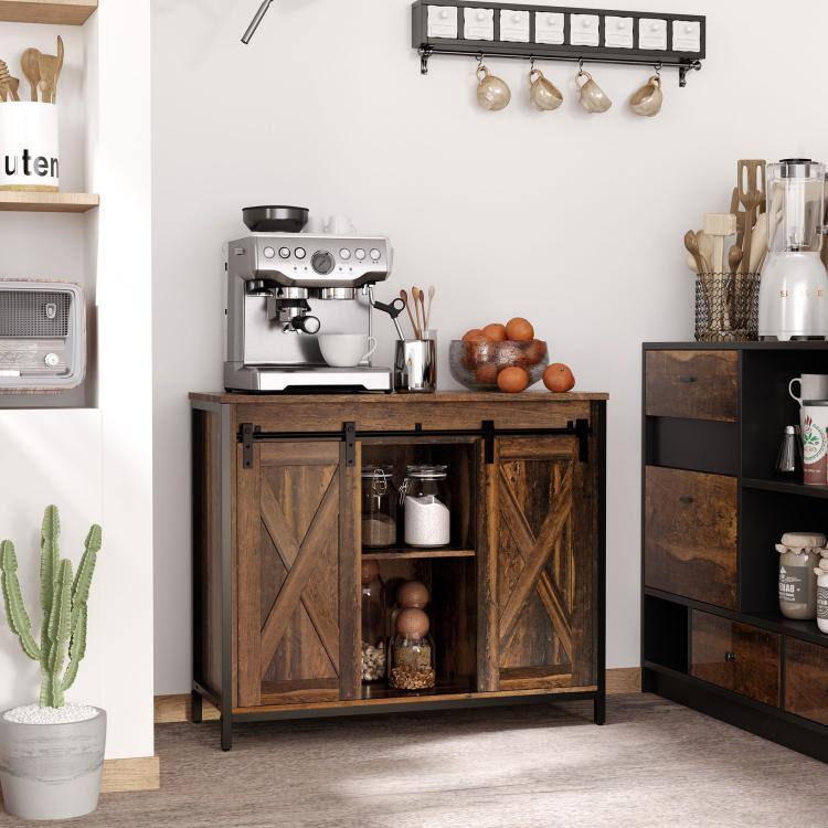 Alt View 1. PULUZ - Industrial Sideboard Buffet Cabinet, Coffee Bar Cabinet, Kitchen Cabinet with Sliding Barn Doors - Rustic Brown.