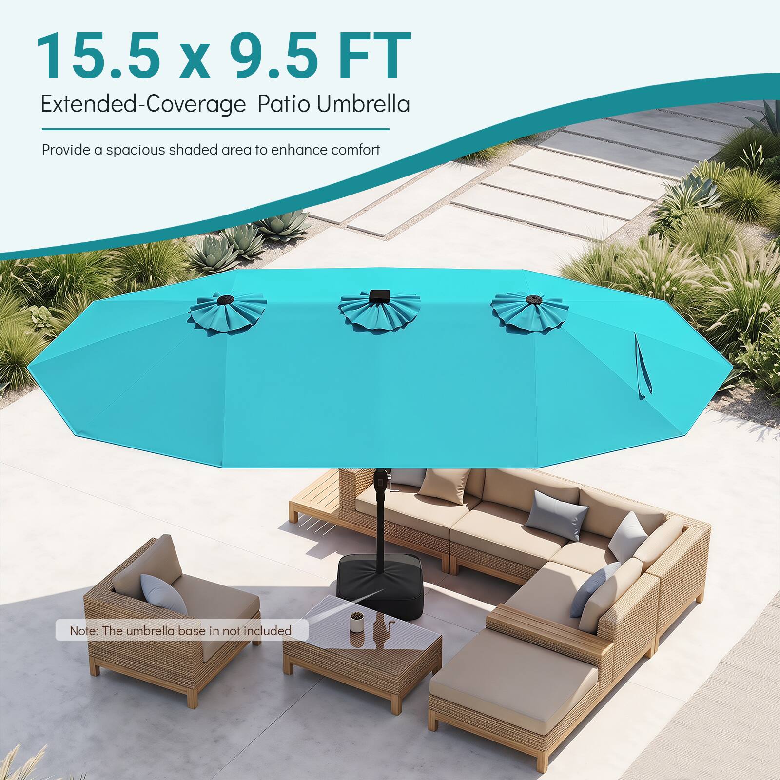15.5 x 9.5 FT Extended-Coverage Patio Umbrella

Provide a spacious shaded area to enhance comfort

Note: The umbrella base is not included