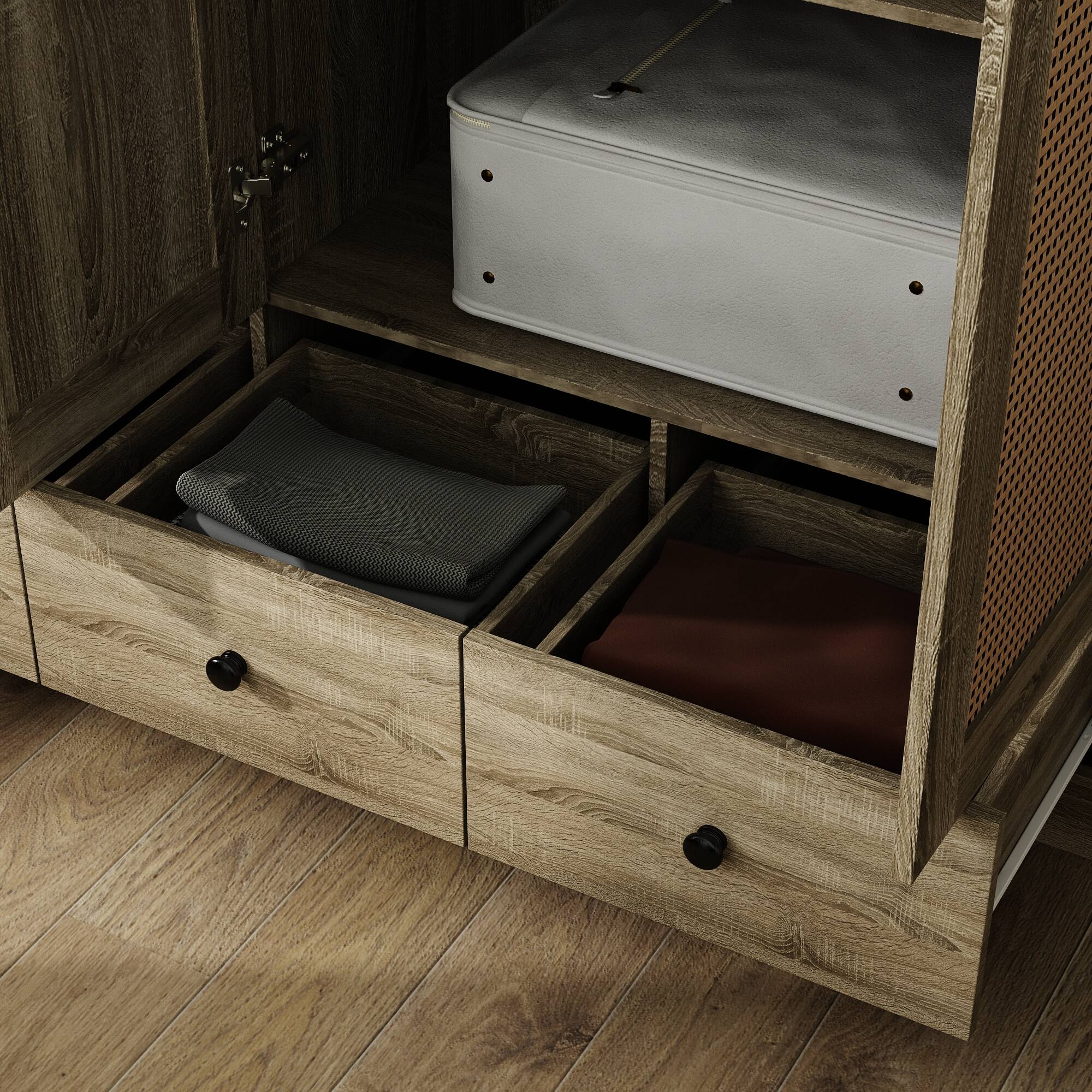 Alt View 1. Famapy - Woven Rattan 3-Door Wardrobe with Large Hanging Space, Shelves & Drawers for Bedroom Storage - Wooden.