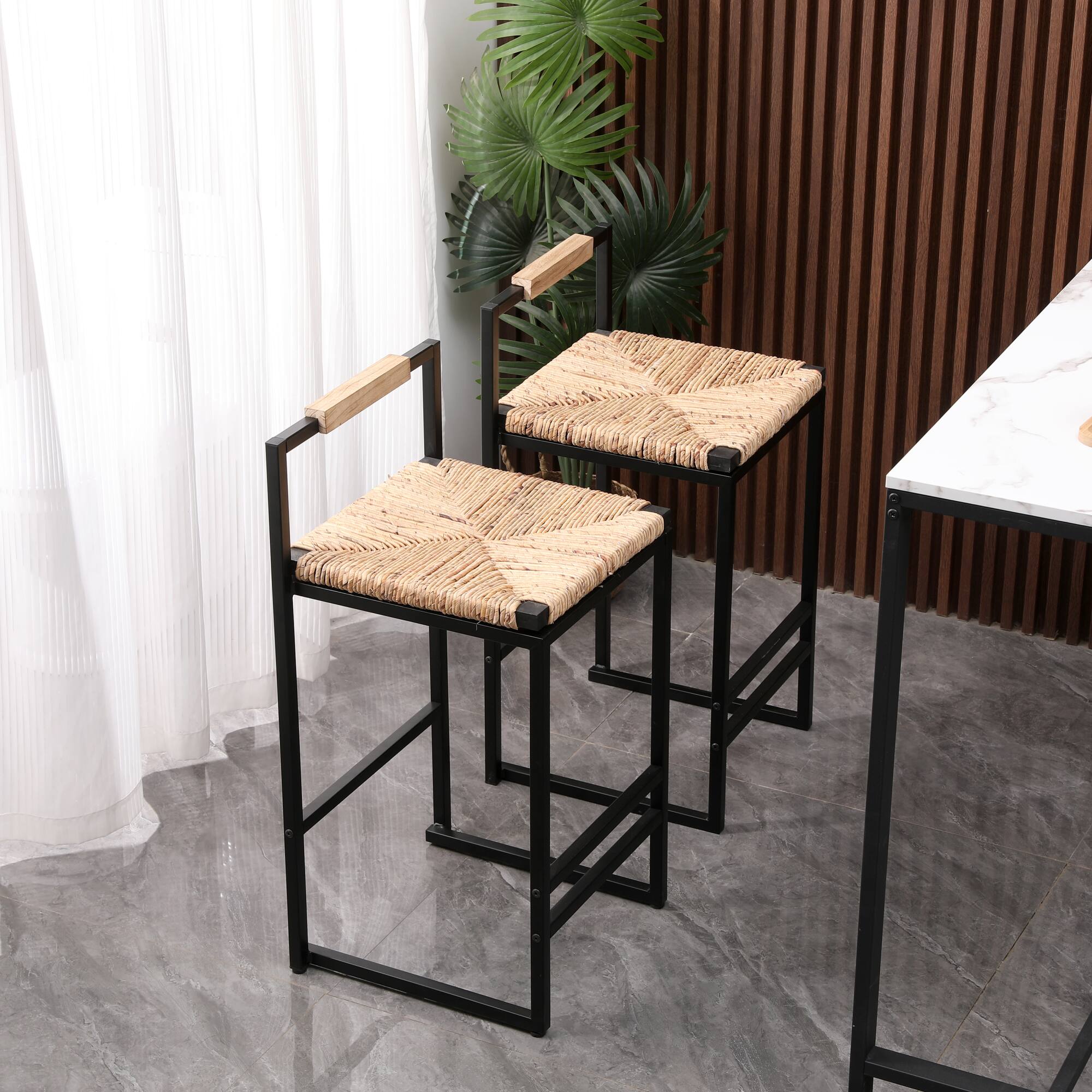 Angle. GOODSILO - Set of 2 Modern Counter Height Barstools with Upholstered Seats and Metal Legs for Kitchen and Dining Areas - Natural.