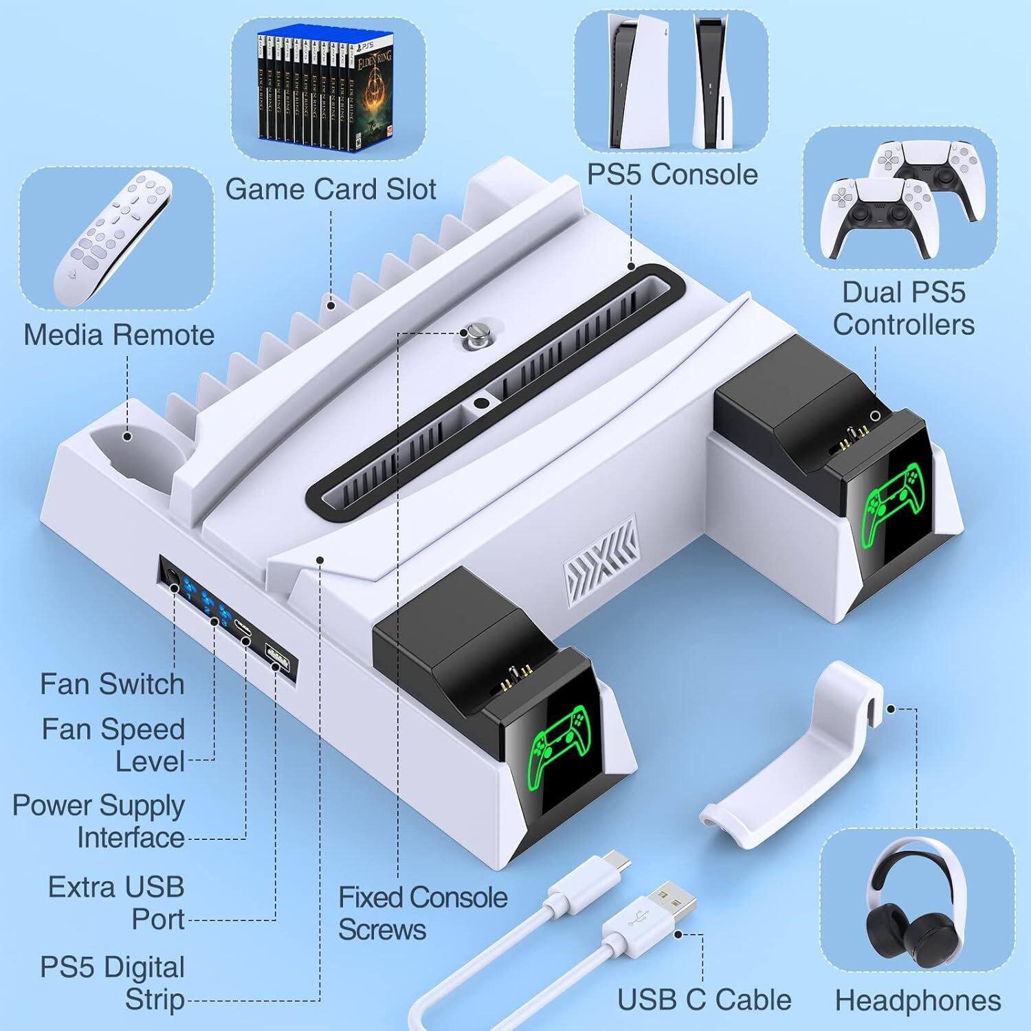 - Game Card Slot
- Media Remote
- PS5 Console
- Dual PS5 Controllers
- Fan Switch
- Fan Speed Level
- Power Supply Interface
- Extra USB Port
- PS5 Digital Strip
- Fixed Console Screws
- USB C Cable
- Headphones