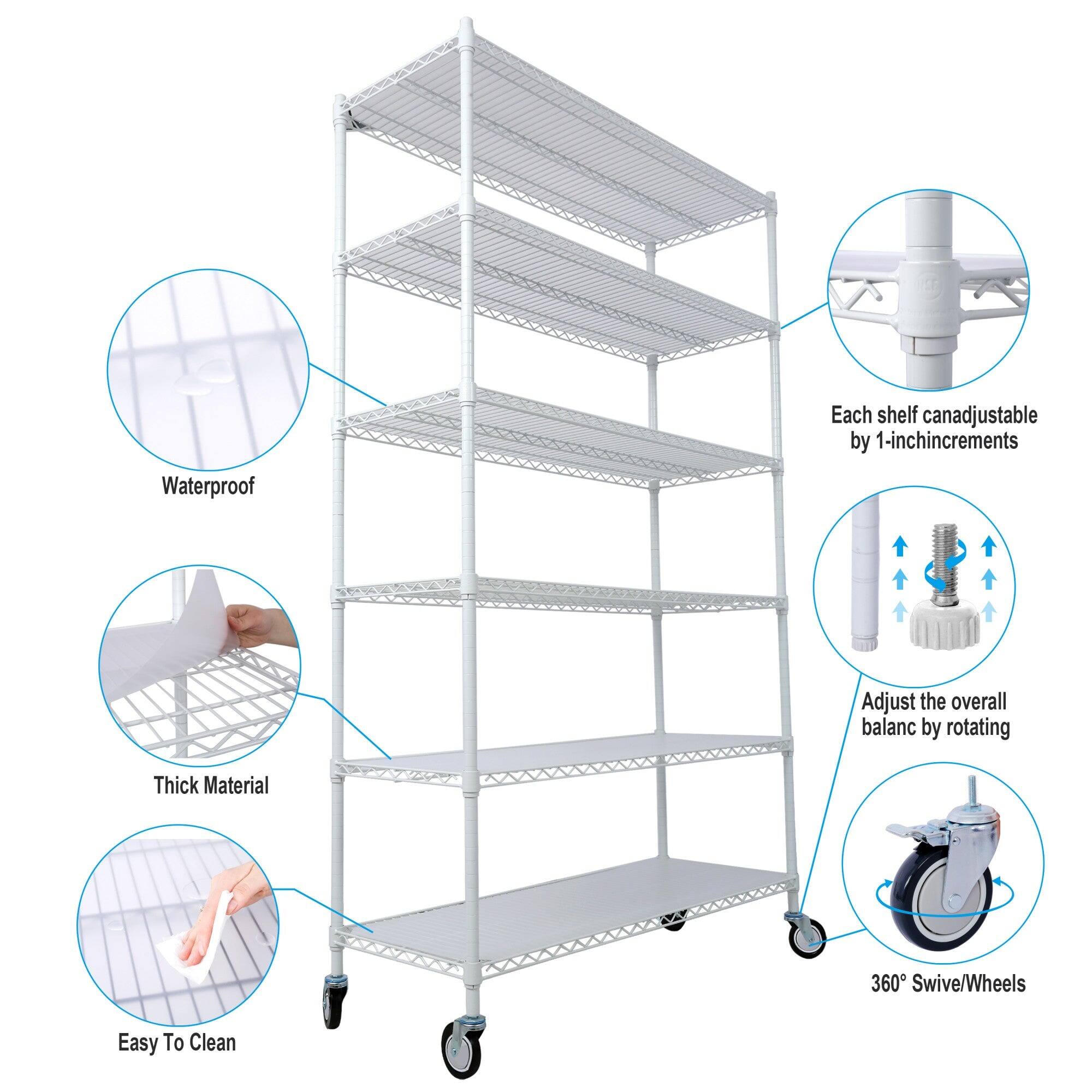 Waterproof  
Each shelf can be adjustable by 1-inch increments  
Adjust the overall balance by rotating  
Thick Material  
360° Swivel/Wheels  
Easy To Clean