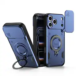 Dteck - For Apple iPhone 17 Pro Max Shockproof Ring Kickstand Drop Protection Rugged Case Sliding Camera Lens Cover - Darkblue