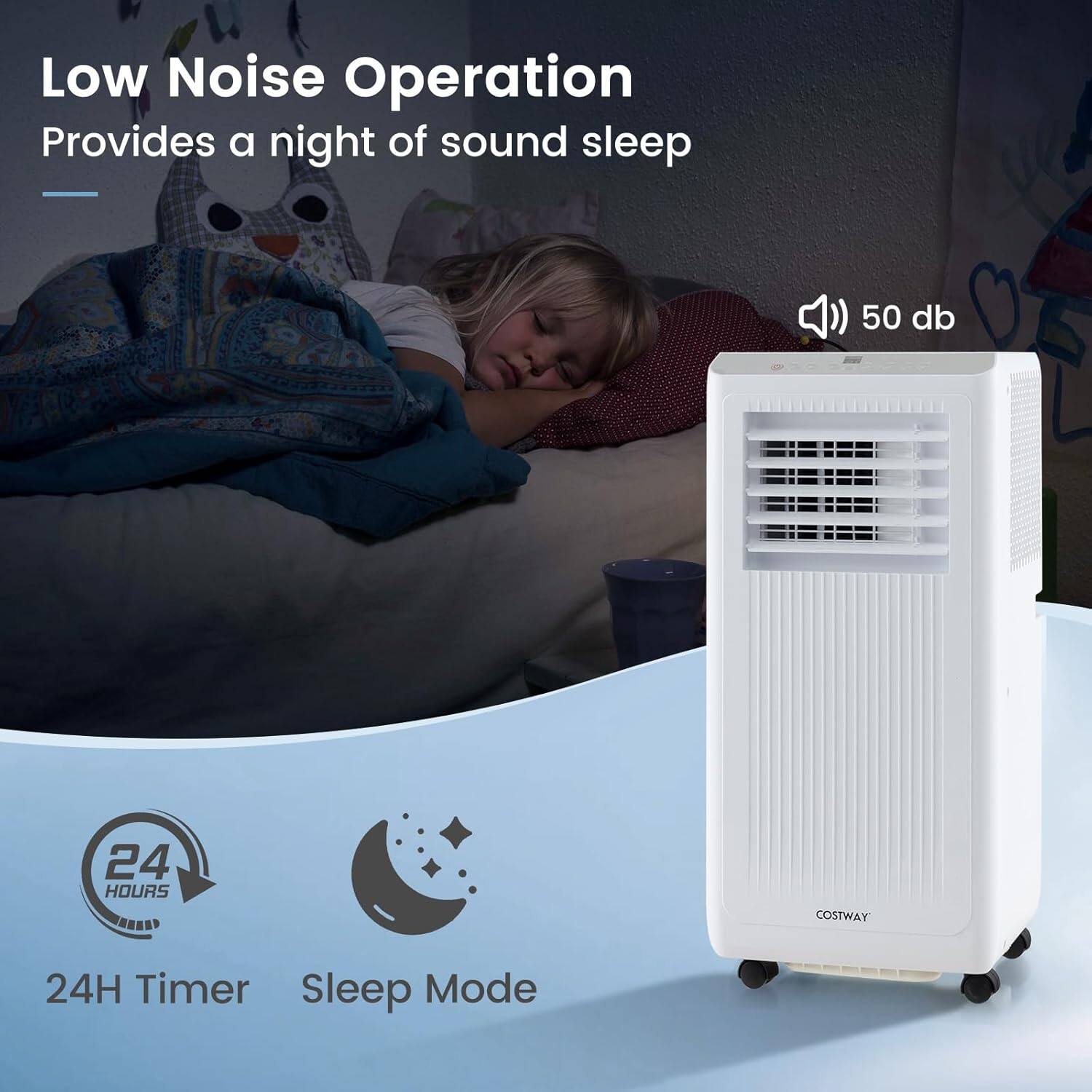 Low Noise Operation  
Provides a night of sound sleep  
50 db  

24H Timer  
Sleep Mode