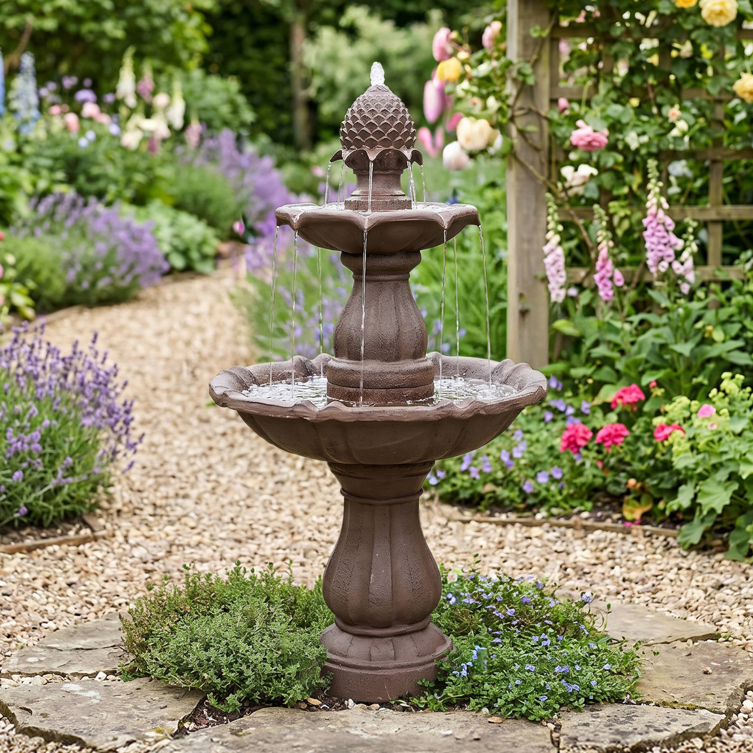Alt View 6. Sunnydaze - Curved Plinth Polyresin Outdoor 2-Tier Water Fountain - Brown.