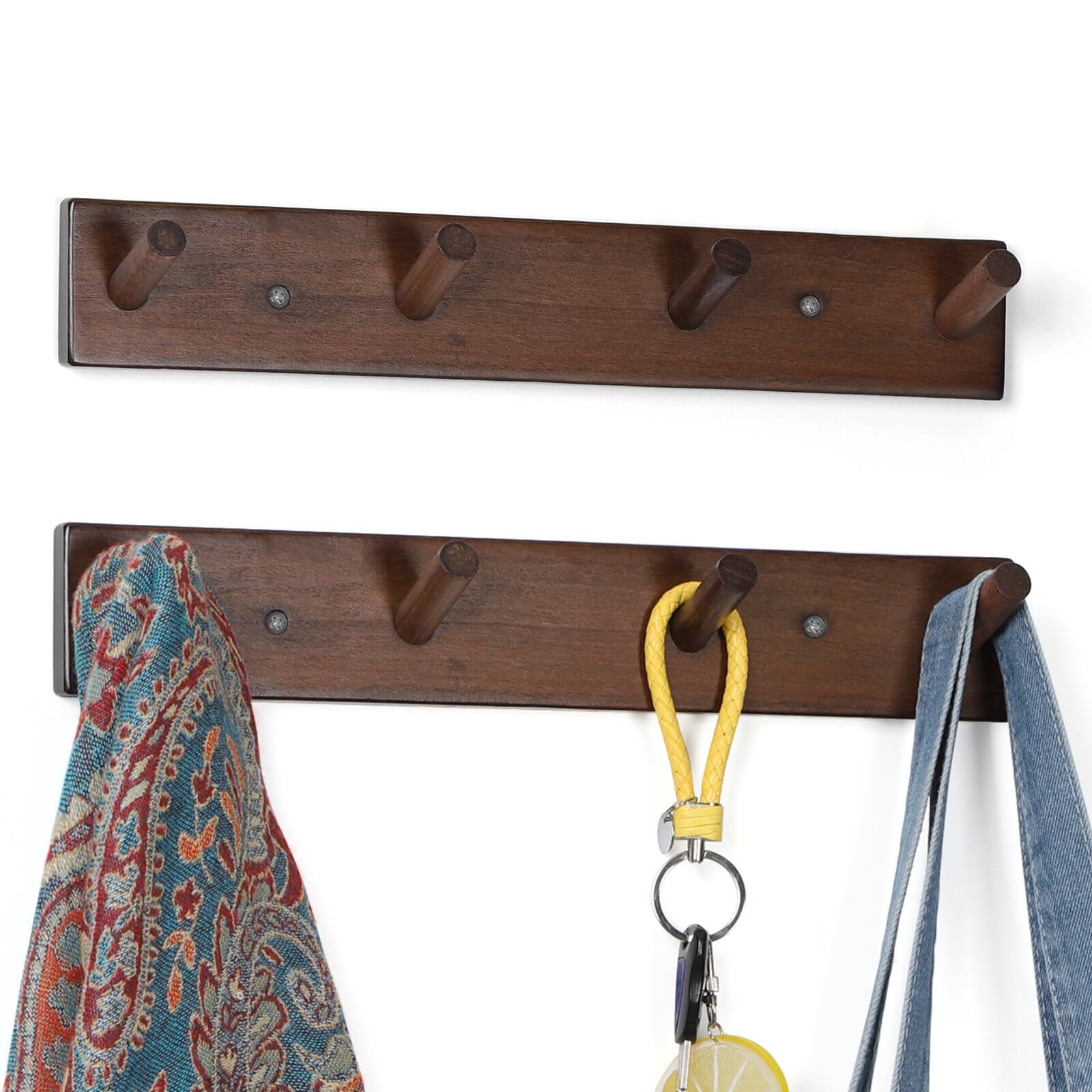 Angle. Oumilen - 2 Pack Wood Coat Racks with 4 Hooks Each – Rustic Wall Mount for Hats, Bags, Umbrellas, Home Decor - Rustic Brown.