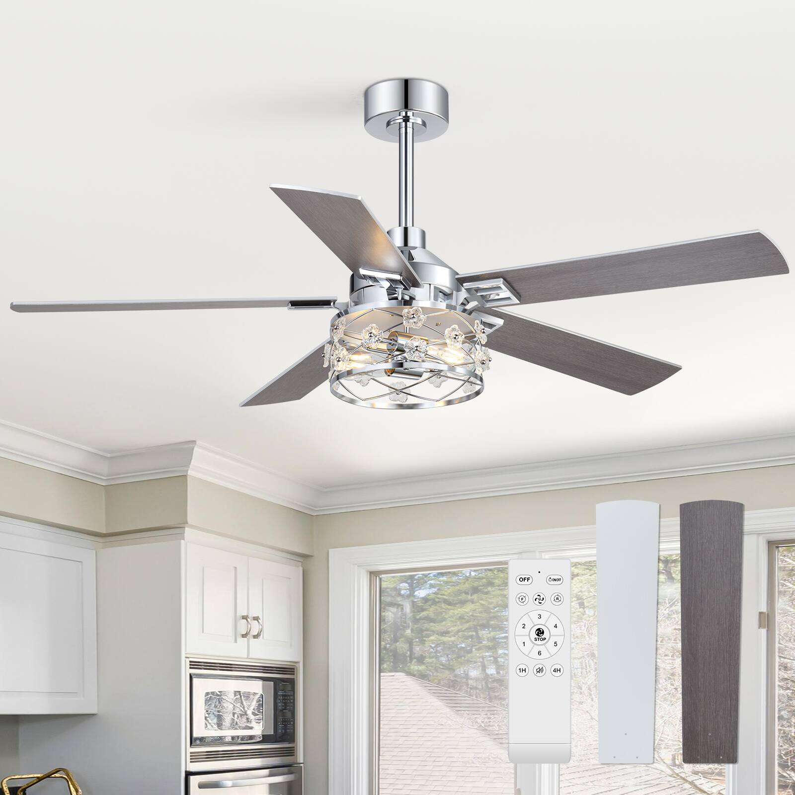 Left. Breezary - 52-Inch Indoor Ceiling Fan with Light Kit, 5 Plywood Dual-Finish Blades, DC Motor, 5/10'' Downrods, Remote, Glass Shade - Chrome with Silver & Woodgrain Blades.