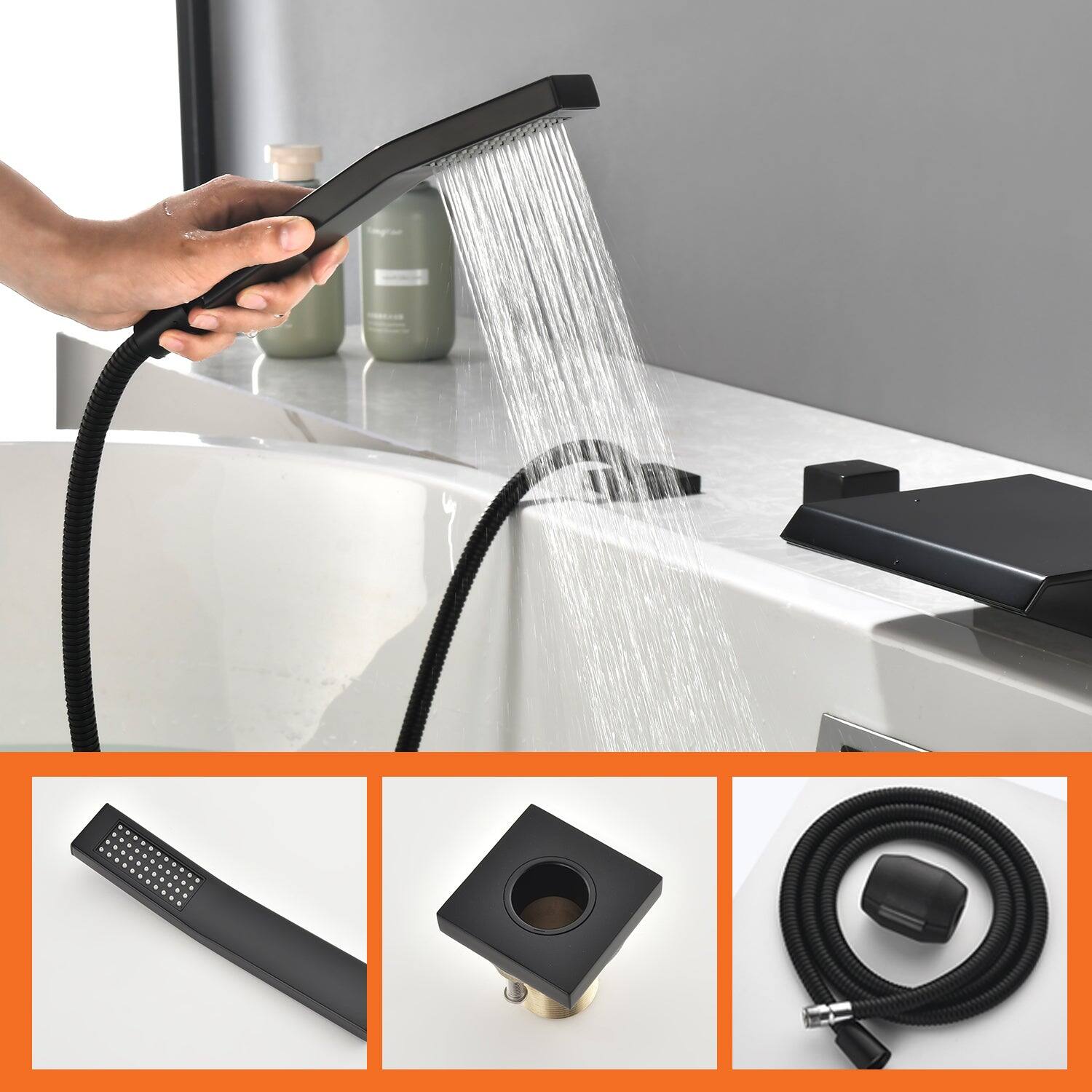 Alt View 3. Boyel Living - Black Polygonal Bathtub Faucet with Handheld Shower and Waterfall Outlet Cold and Hot Dual Control - Matte Black.