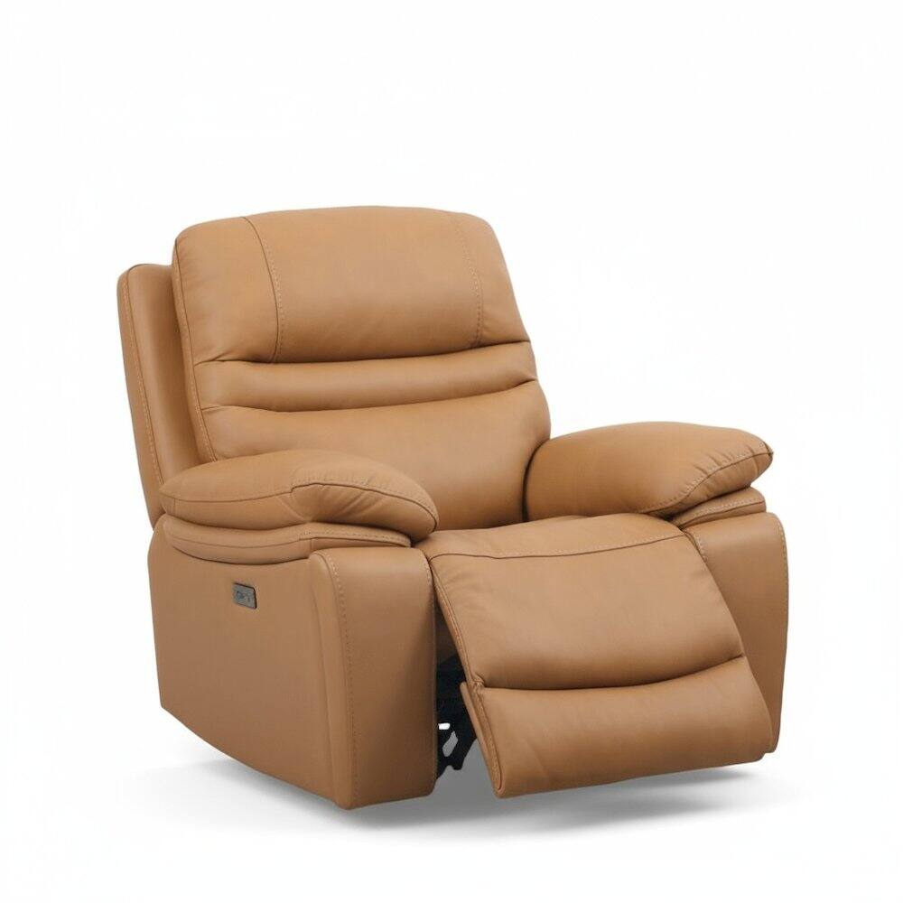 Angle. Heartland Furniture - Leather Power Recliner Chair, Top Grain Upholstery, USB & USB-C, 360 lb Support - Brown.