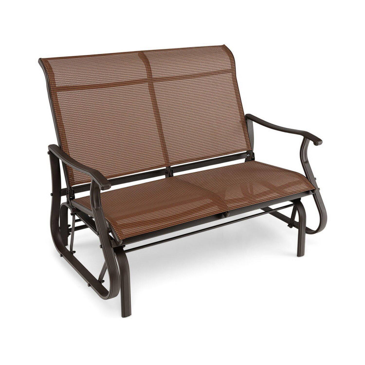 Back. Pefilos - 2-Person Patio Glider Bench with High Back and Curved Armrests, Chaise Lounge Chair with Weather Resistant Steel Frame - Brown.