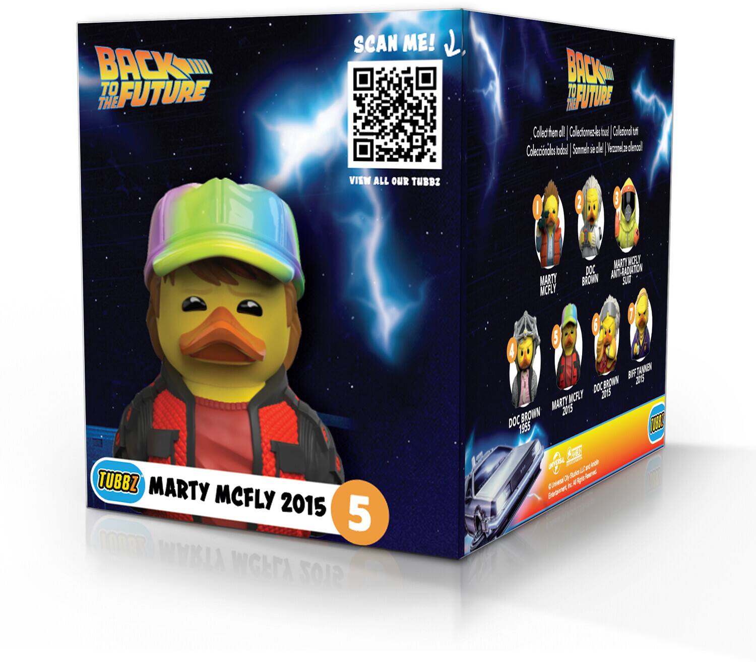 Here is the corrected and grouped text from the image:

---

**BACK TO THE FUTURE**

**SCAN ME!**

Collect all the Collectibles! / Colecciona todos los coleccionables / Somme i de la collection / Colecciona todos los coleccionables

**VIEW ALL OUR TUBBZ**

- MARTY MCFLY
- DOC BROWN
- ANTI-RADIATION SUIT
- MARTY MCFLY 2015
- TAVY BROWN
- DOC 25
- MARTY MCFLY 1955

**MARTY MCFLY 2015**

**TUBBZ**

**5**

---

This text is from a Back to the Future-themed Tubbz product packaging.