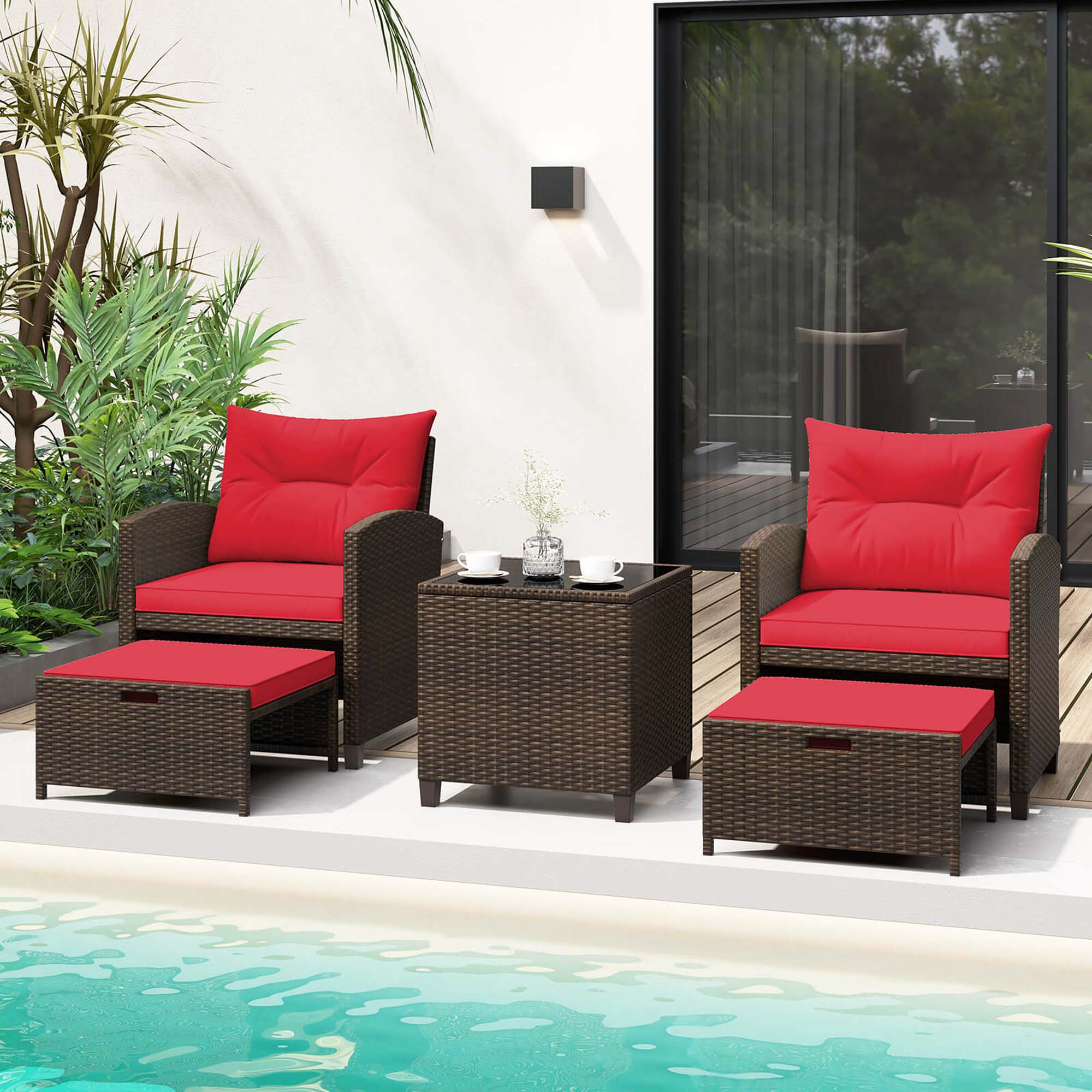 Alt View 1. Costway - Costway 5 PCS Patio Rattan Furniture with 2 Wicker Ottomans & Tempered Glass Coffee Table - Mix Brown + Red.