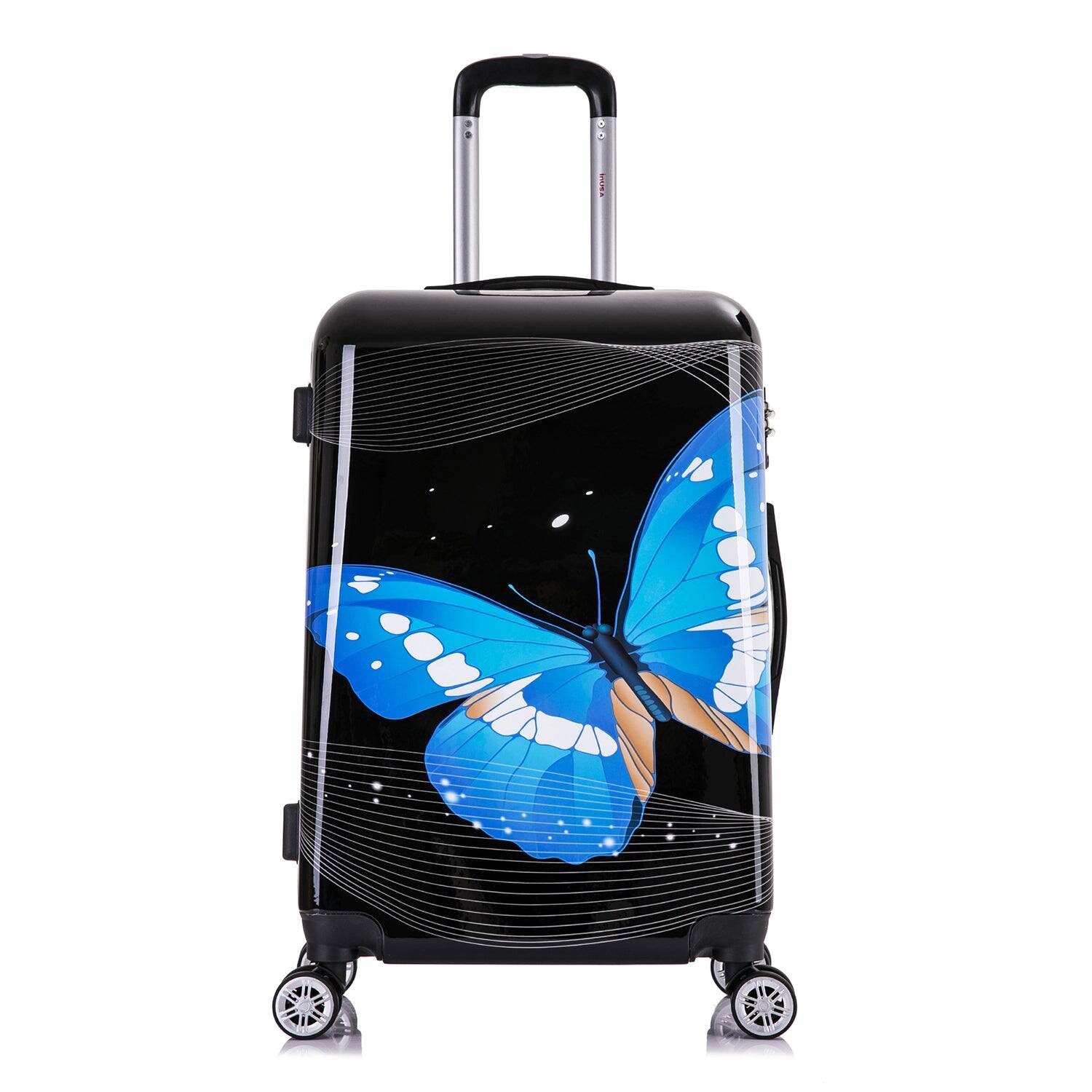 Angle. InUSA - Black Butterfly Prints  Lightweight Hardside spinner luggage 24" - BLACK BUTTERFLY.