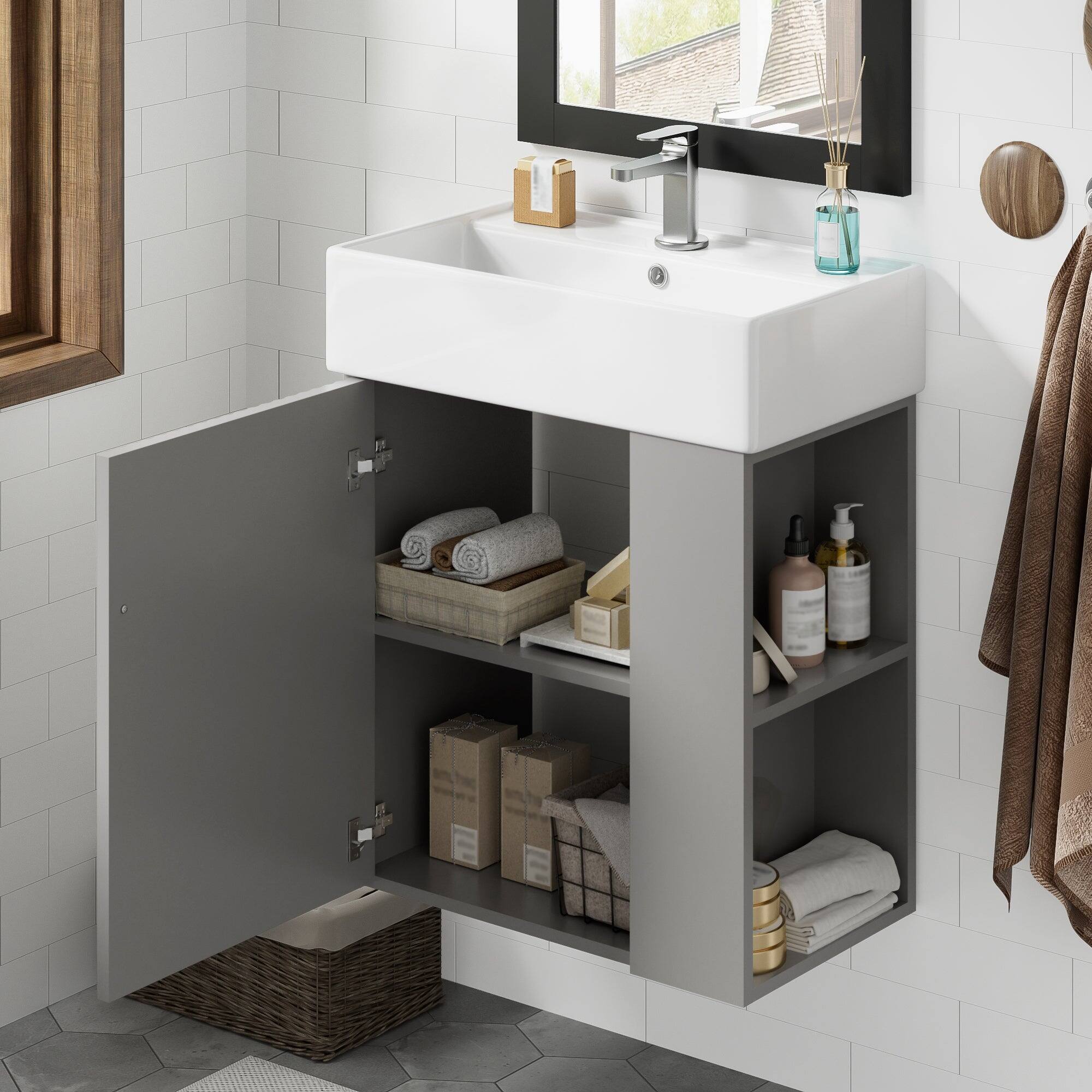 Alt View 5. Boyel Living - 21.6 Inch Gray Bathroom Vanity with Ceramic Sink Right Side Storage Soft Close Door MDF Cabinet Wall Mounted - Gray.