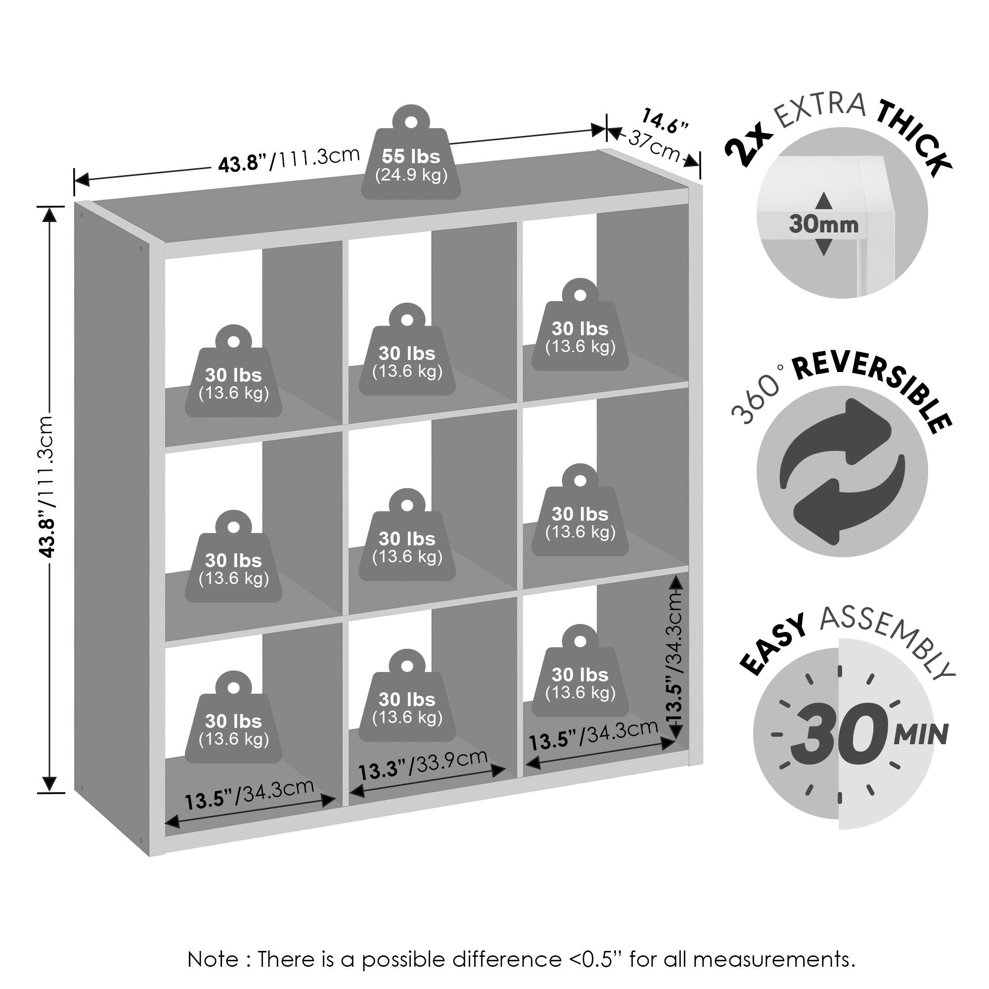 43.8"/111.3cm  
55 lbs (24.9 kg)  
14.6"  
37cm  
2x EXTRA THICK 30mm  
30 lbs (13.6 kg)  
13.5"/34.3cm  
360° REVERSIBLE  
EASY ASSEMBLY 30 MIN  
Note: There is a possible difference <0.5" for all measurements.