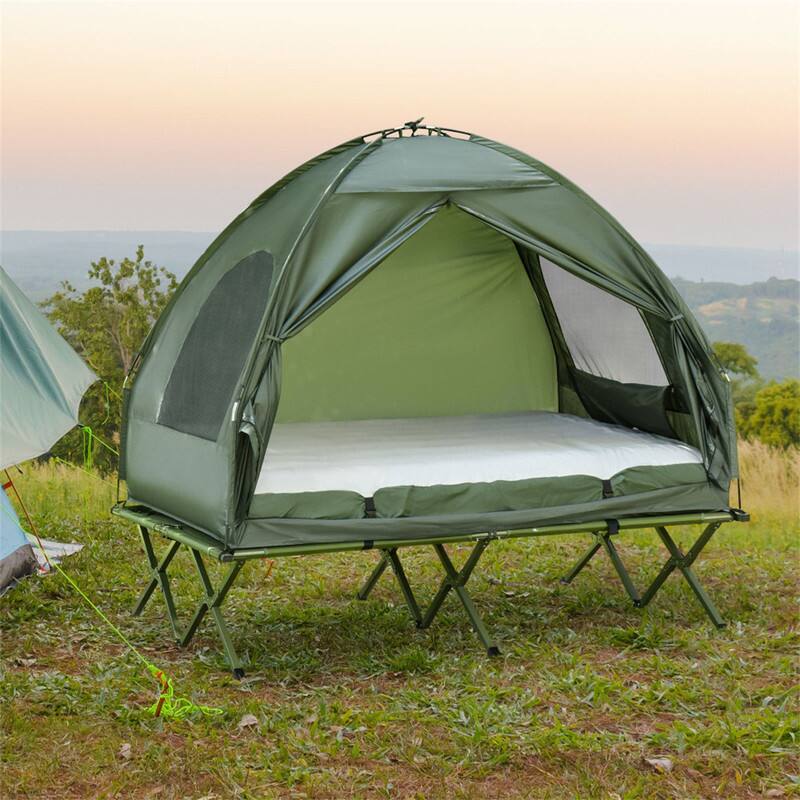 Alt View 1. HTUTWOO - 2 Person Foldable Camping Cot With Tent - 4-In-1 Elevated Camping Bed Tent with Bedspread Thick Air Mattress for Outdoor - Dark Green.