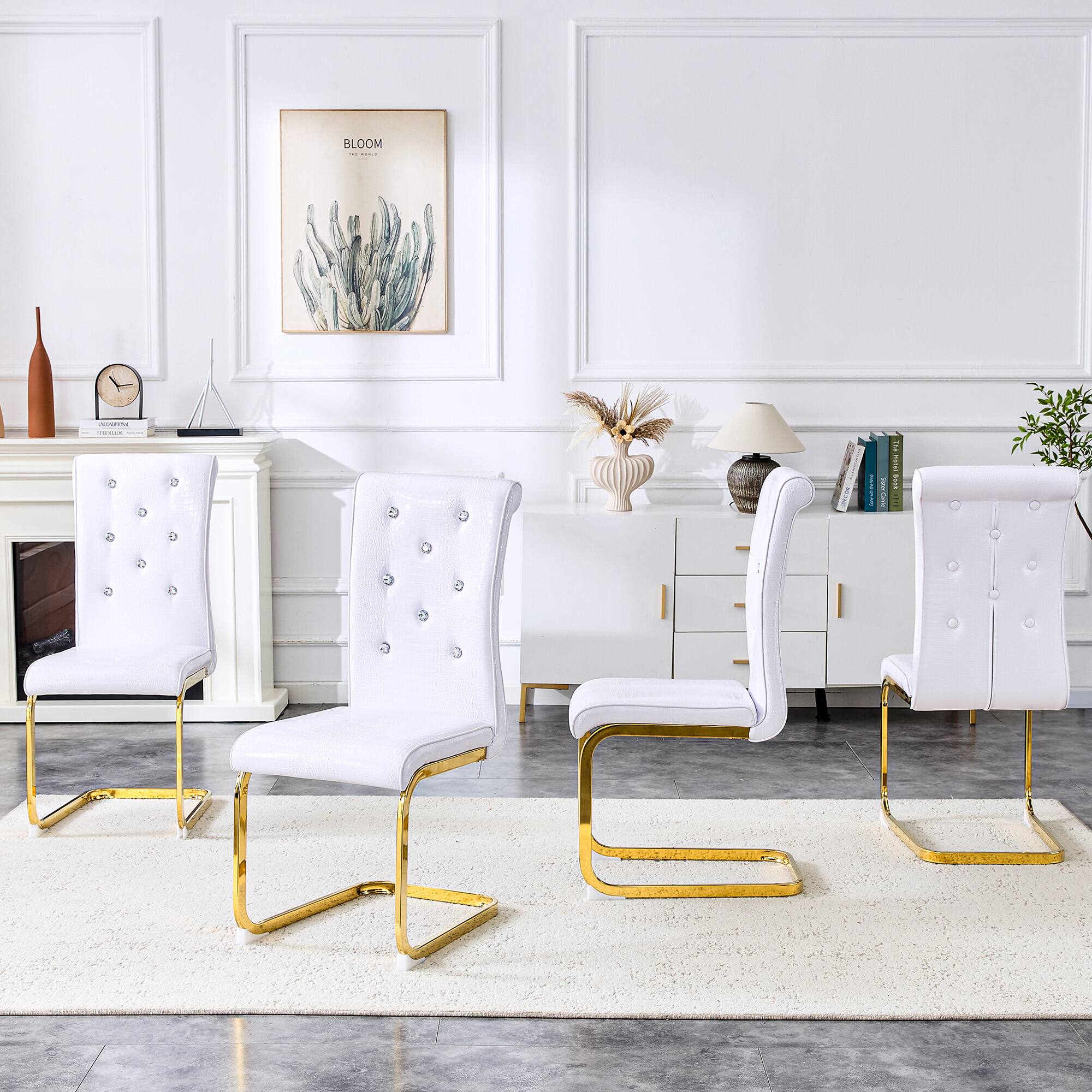 Left. Loheer - Retro Faux Leather Dining Chairs Set of 4 Alligator Texture Gold Bow Legs 1.37x1.87x3.3ft - White.