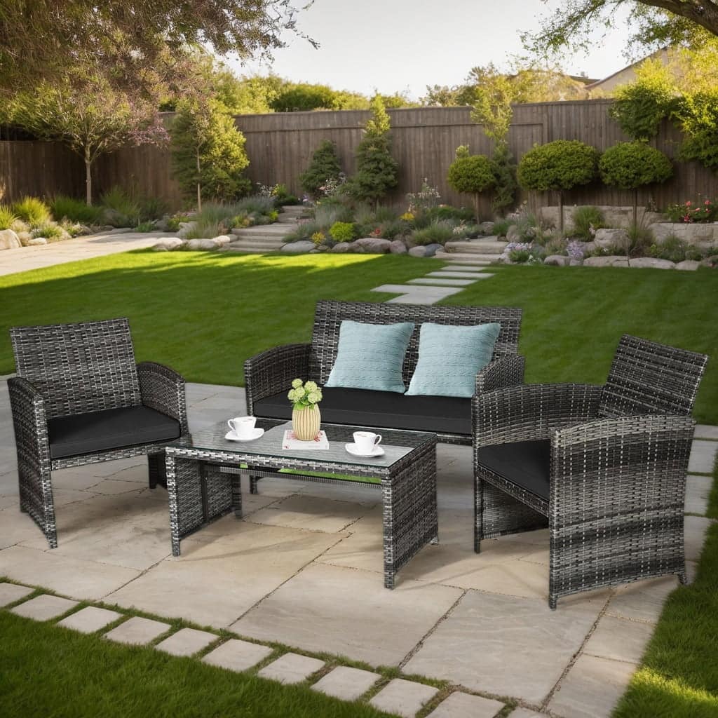 Kadyn - 4 Pieces Patio Rattan Furniture Set, Outdoor Patio Furniture Set with Loveseat - Black