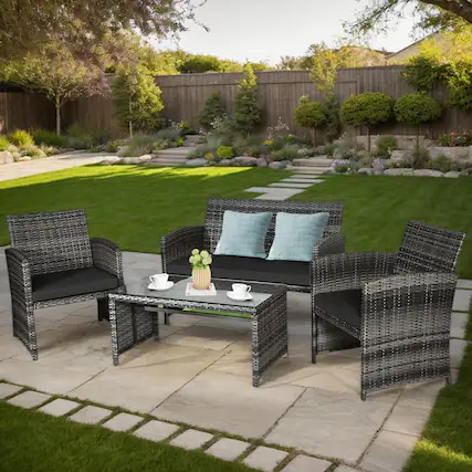 Front. Kadyn - 4 Pieces Patio Rattan Furniture Set, Outdoor Patio Furniture Set with Loveseat-Black - Black.