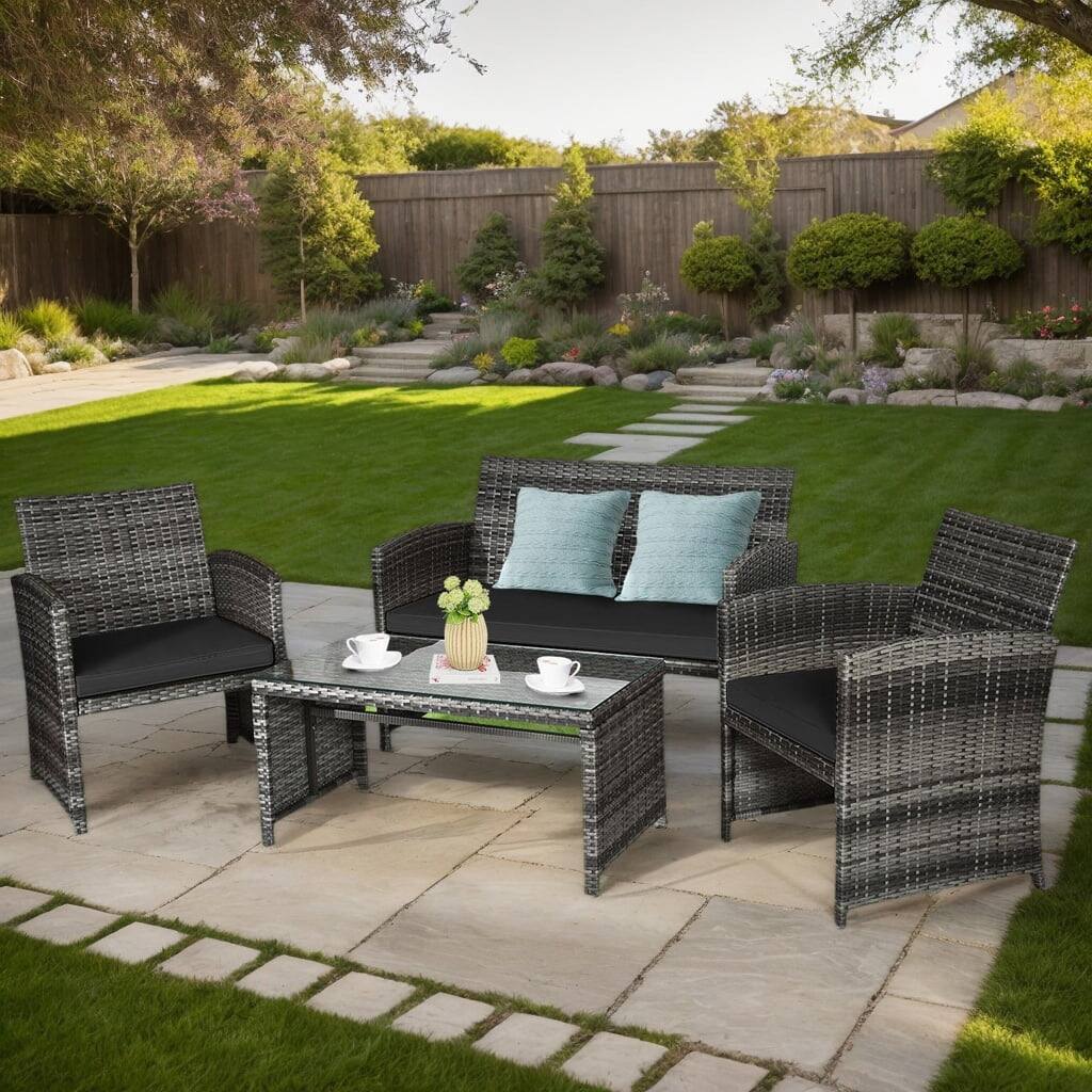 Front. Kadyn - 4 Pieces Patio Rattan Furniture Set, Outdoor Patio Furniture Set with Loveseat-Black - Black.