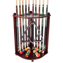 GSE Games & Sports Expert - Wood 10 Corner Style Pool Cue Rack with Score Counter, Metal Hook, and Drink Holders - Mahogany