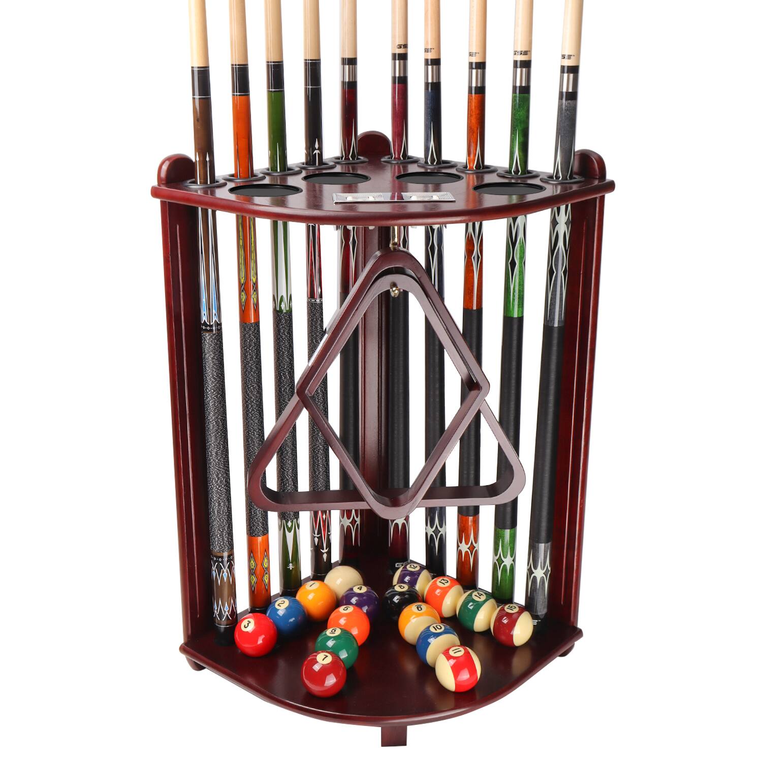 GSE Games & Sports Expert - Wood 10 Corner Style Pool Cue Rack with Score Counter, Metal Hook, and Drink Holders - Mahogany