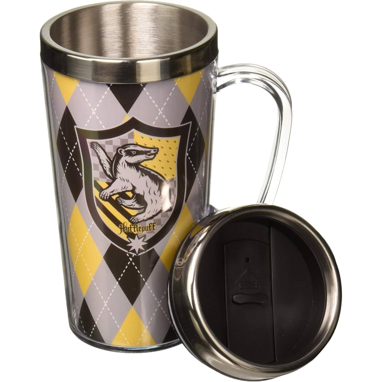 Angle. Spoontiques - Spoontiques Harry Potter Hufflepuff Double Walled Stainless and Acrylic Insulated Travel Mug 14 ounce - Multicolor.