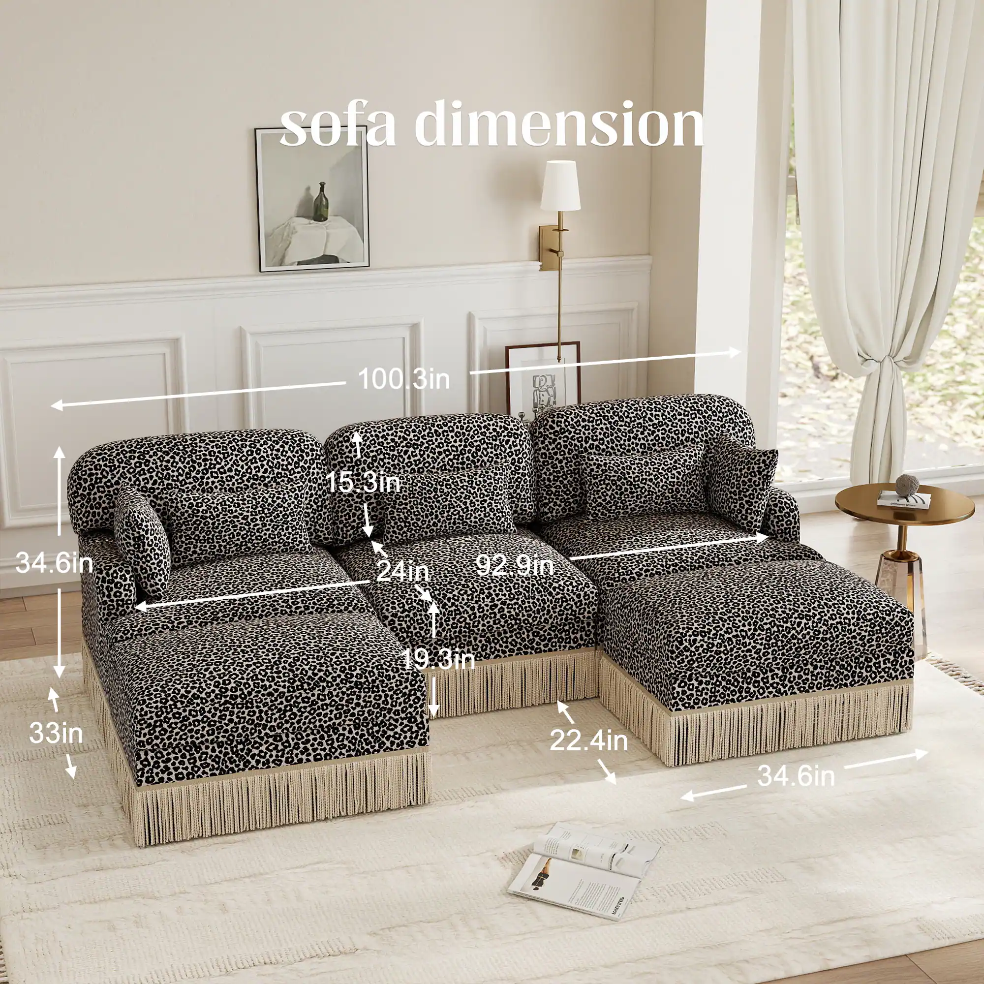 sofa dimension  
100.3in  
34.6in  
33in  
15.3in  
24in  
92.9in  
19.3in  
22.4in  
34.6in