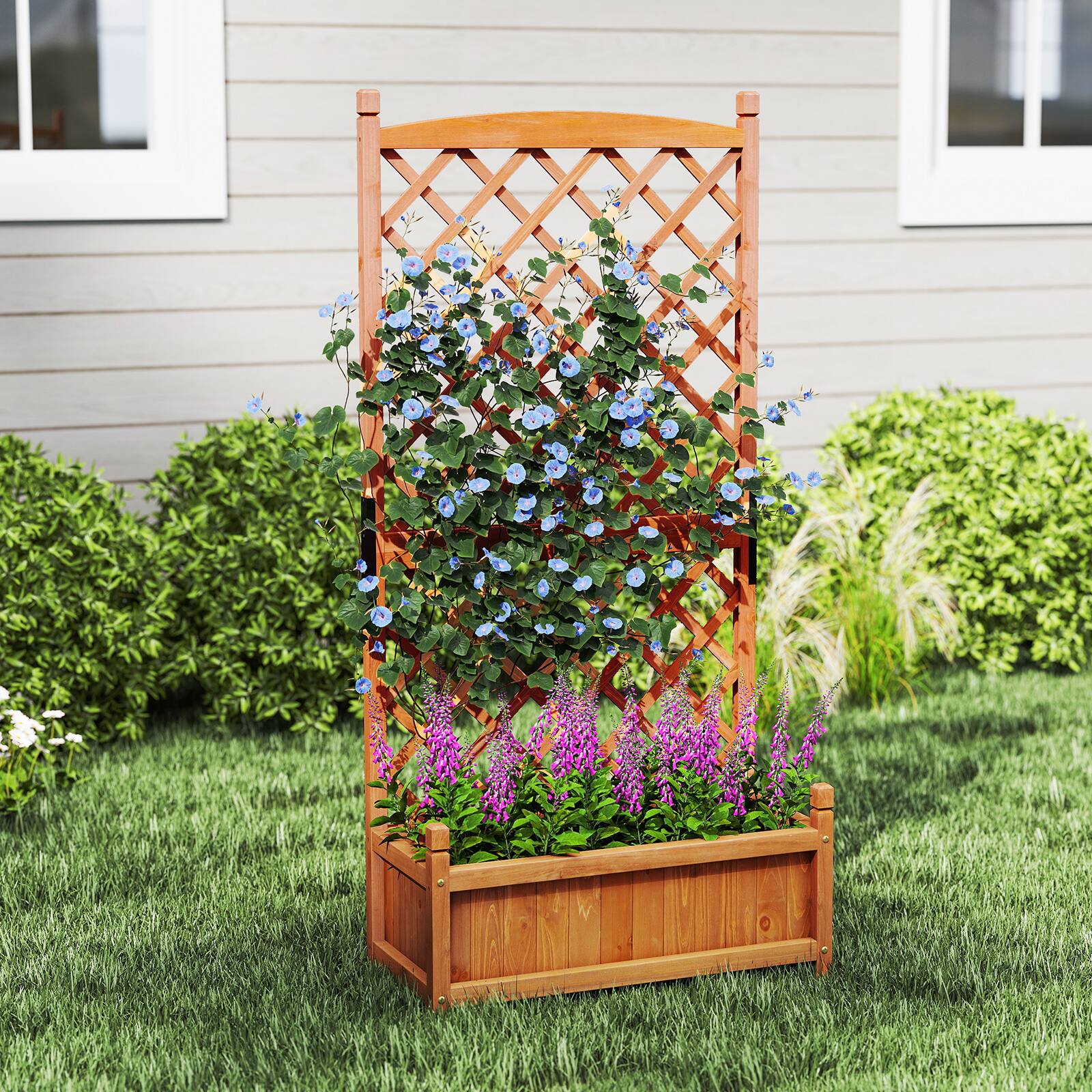 Alt View 4. Gymax - Gymax 60'' Tall Raised Garden Bed w/ Diamond Lattice Trellis Drainage Holes Outdoor - Orange.