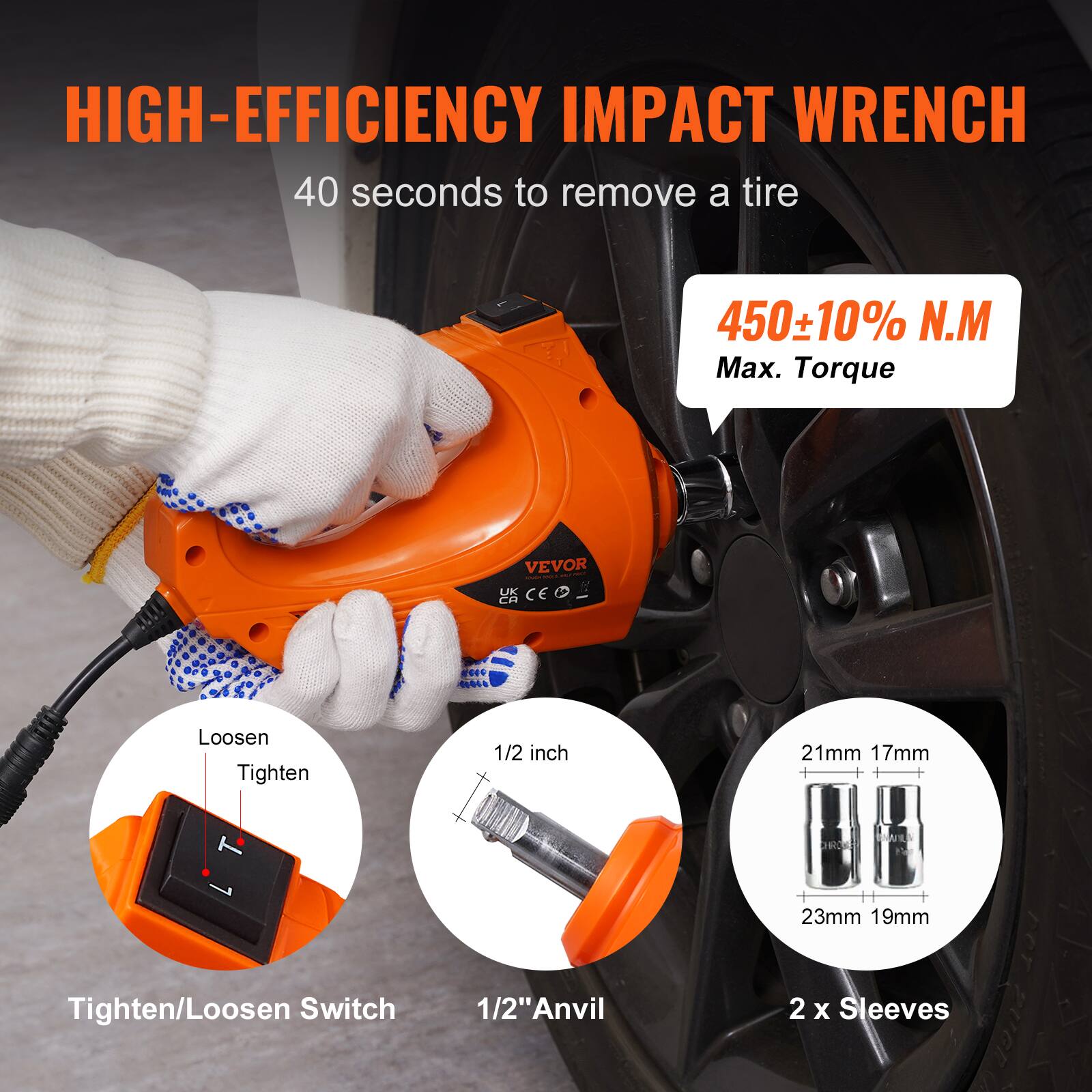HIGH-EFFICIENCY IMPACT WRENCH  
40 seconds to remove a tire  
450±10% N.M Max. Torque  
VEVOR UK CE CA 01 0644  
Loosen Tighten  
1/2 inch  
21mm 17mm  
23mm 19mm  
Tighten/Loosen Switch  
1/2" Anvil  
2 x Sleeves