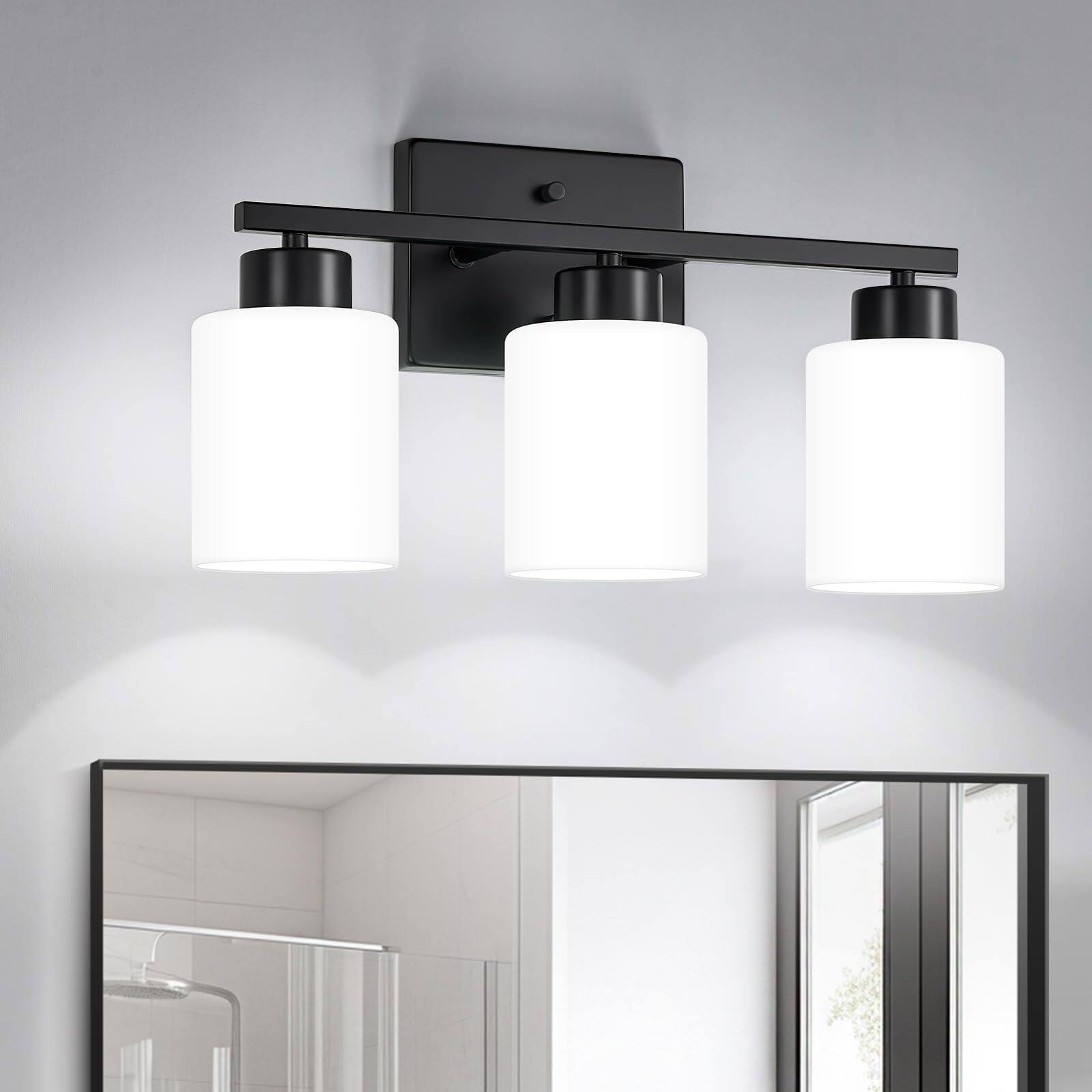 Dazzling Pops - Bathroom Light Fixtures Modern Vanity Over Mirror Wall Sconces With Milky Frosted Glass Shades E Socket - Black 3-Light